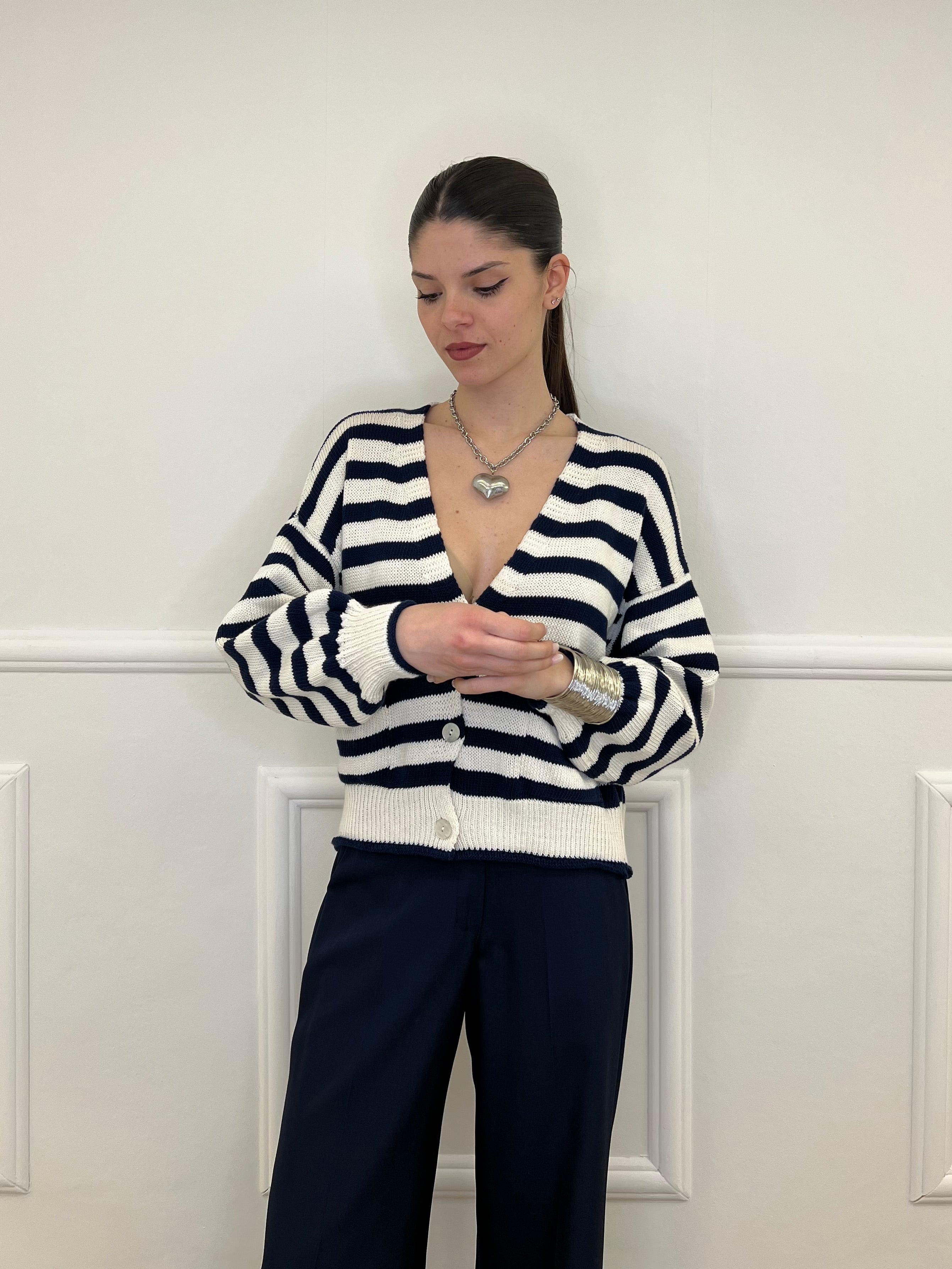 Cardigan Scatoletta Righe 10667 Blu