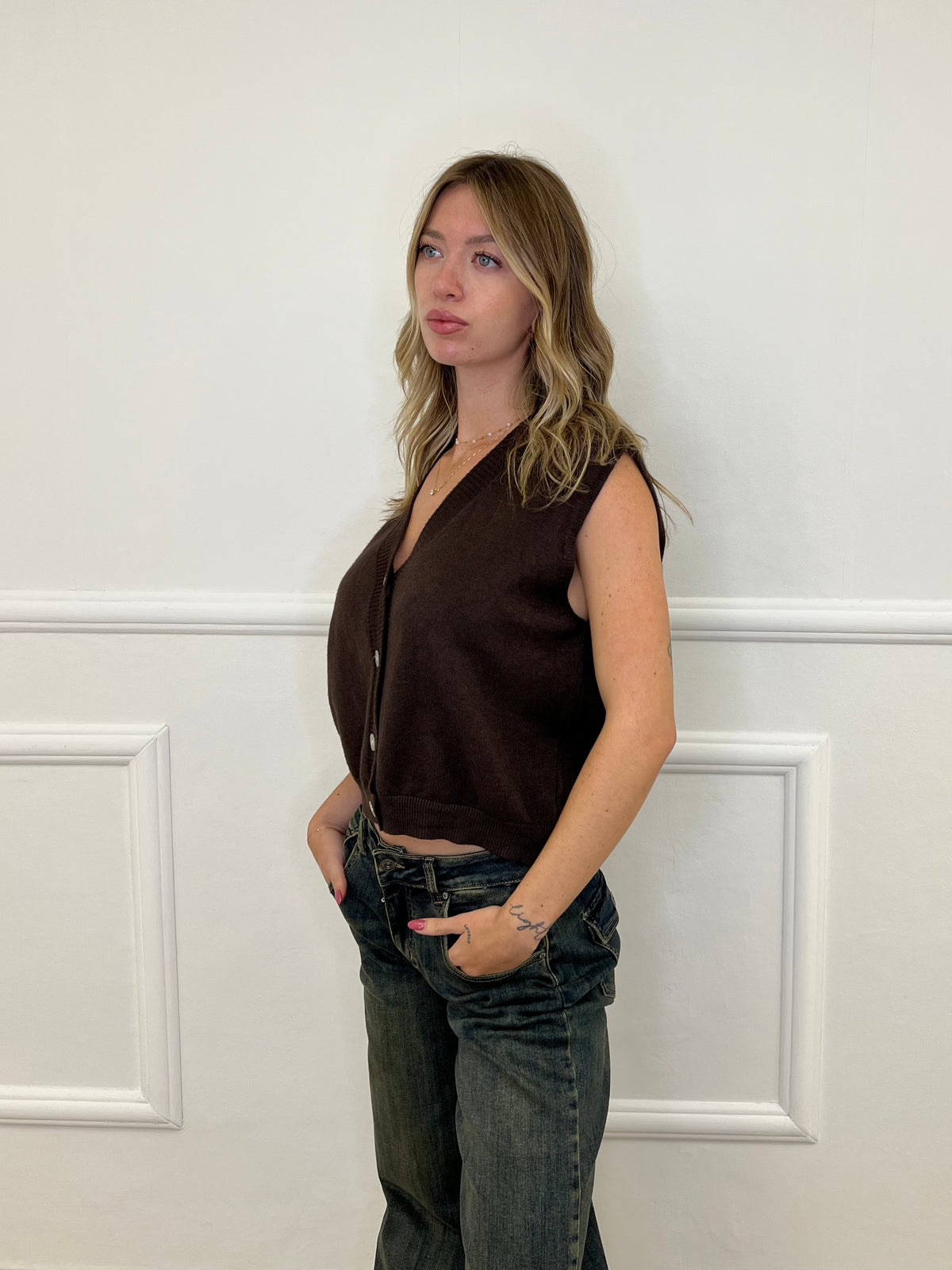 Gilet Over in Maglia 9263 Marrone
