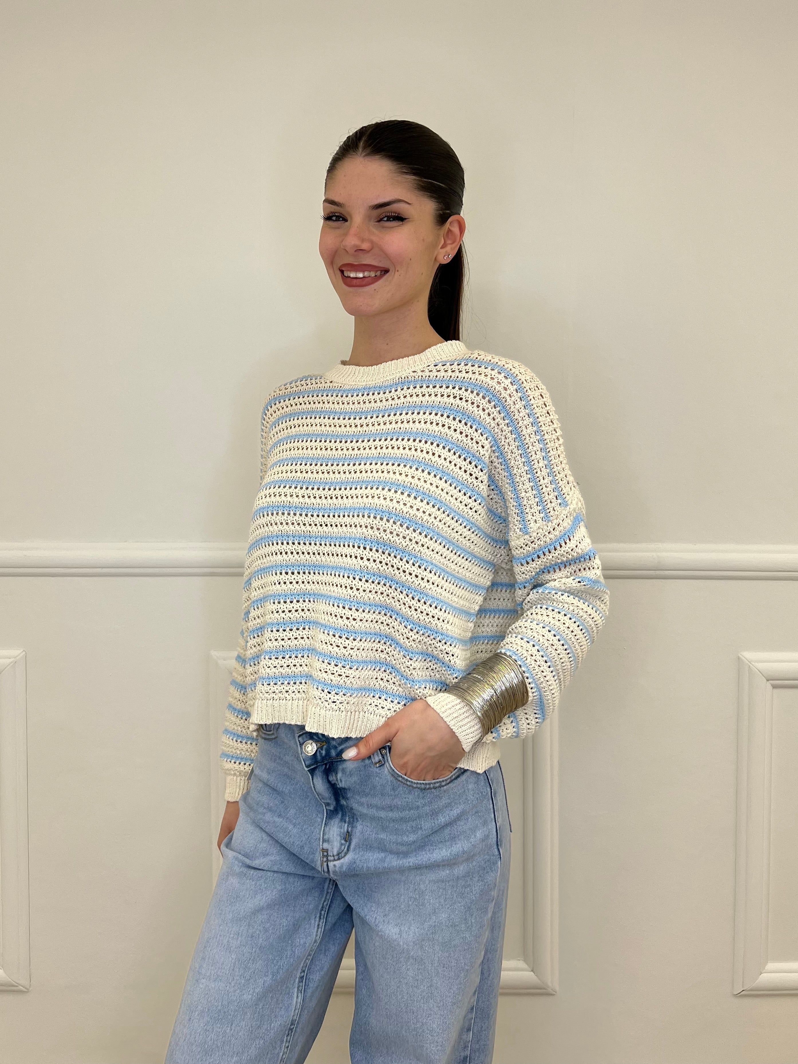 Maglia Traforata Bicolore M3063 Ecru e Azzurro