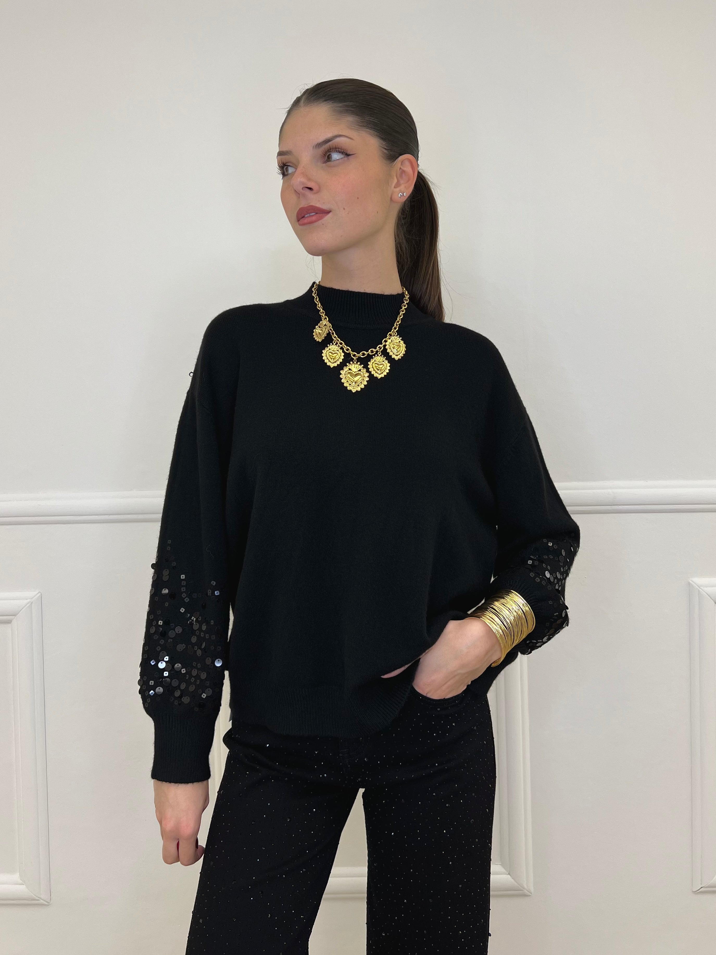 Maglia Manica Paillettes DL7357 Nero