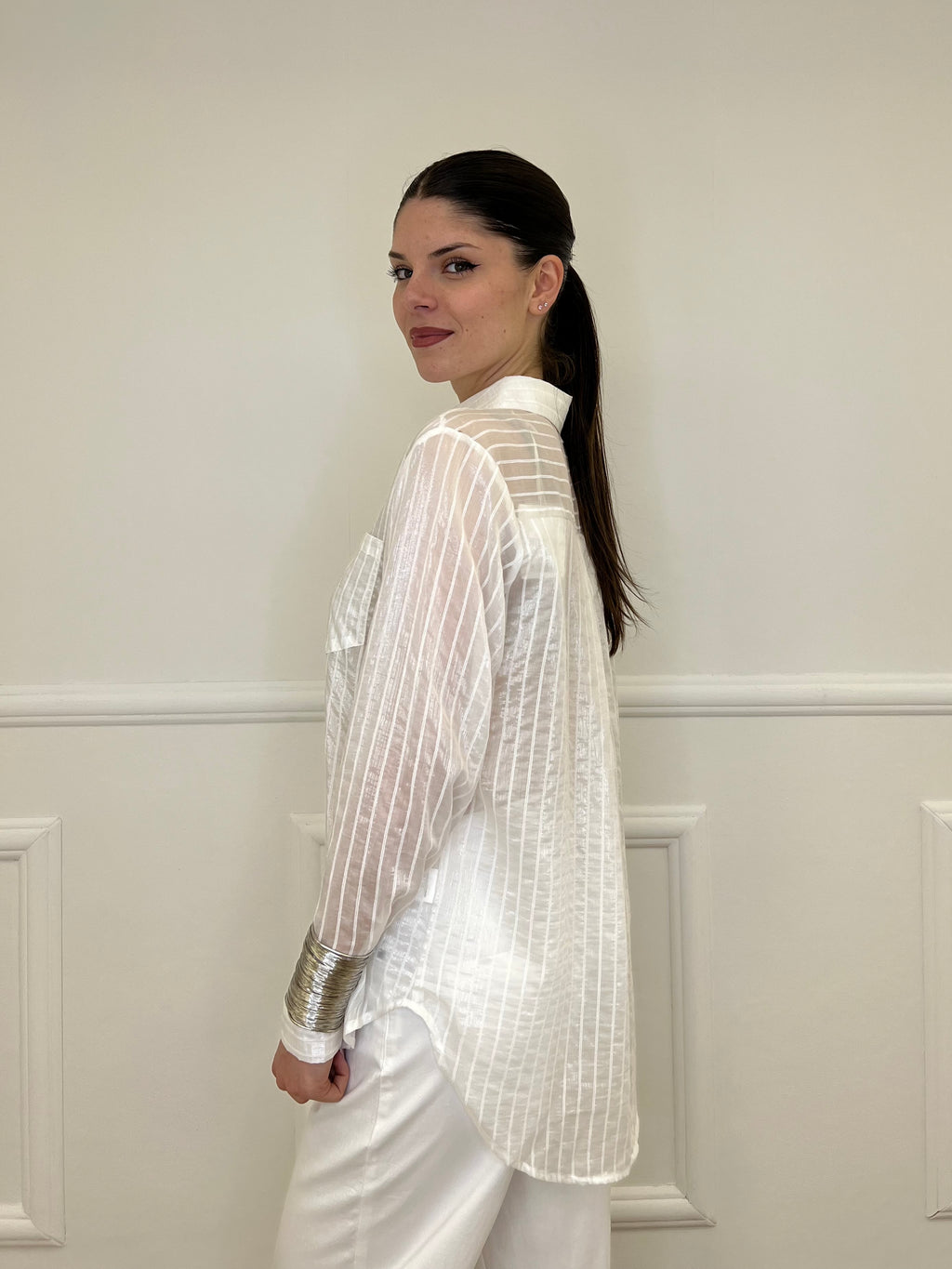 Camicia Tencel Spalmata a Righe 25802 Bianco