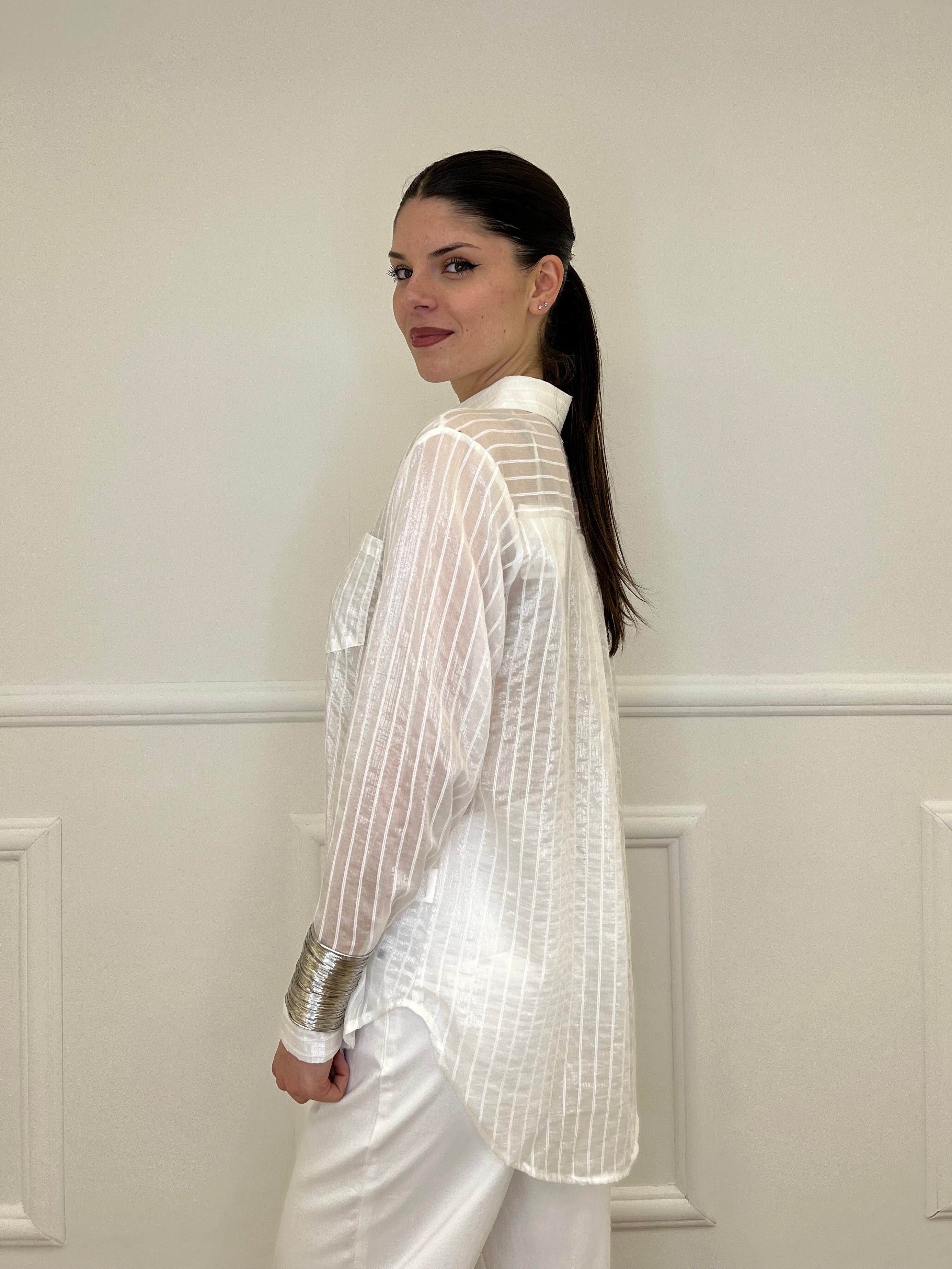 Camicia Tencel Spalmata a Righe 25802 Bianco