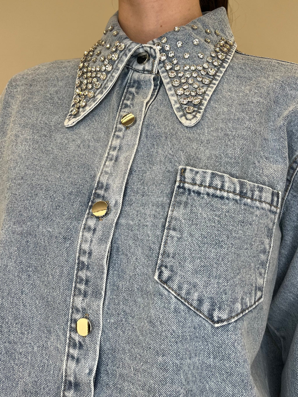 Giacca Camicia Denim Colletto Strass 3025 Azzurro