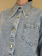 Giacca Camicia Denim Colletto Strass 3025 Azzurro