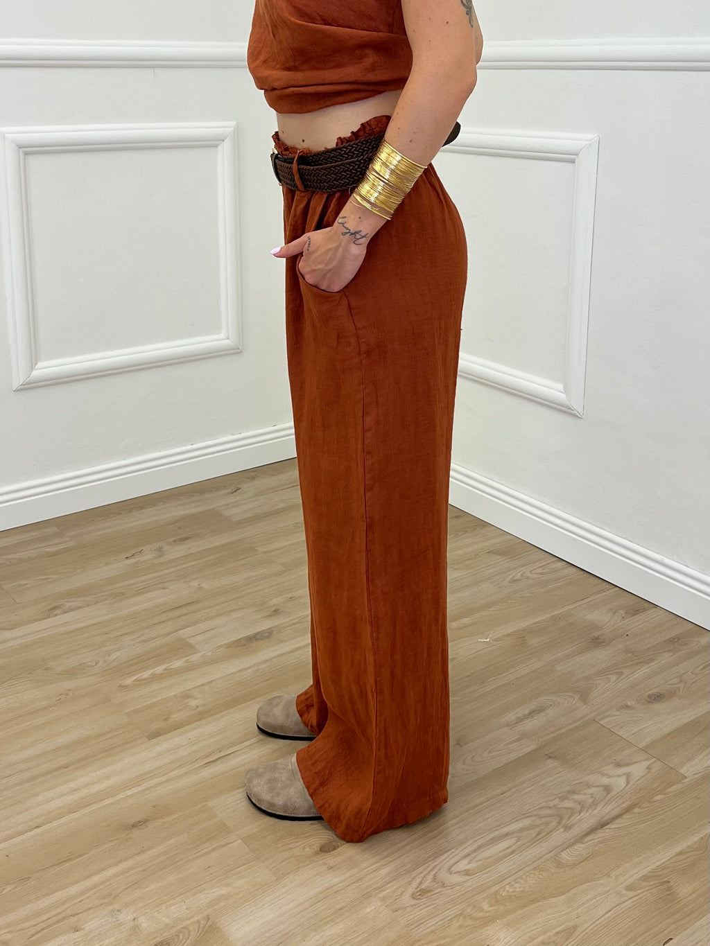Pantalone Lino Cintura 02630 Mattone