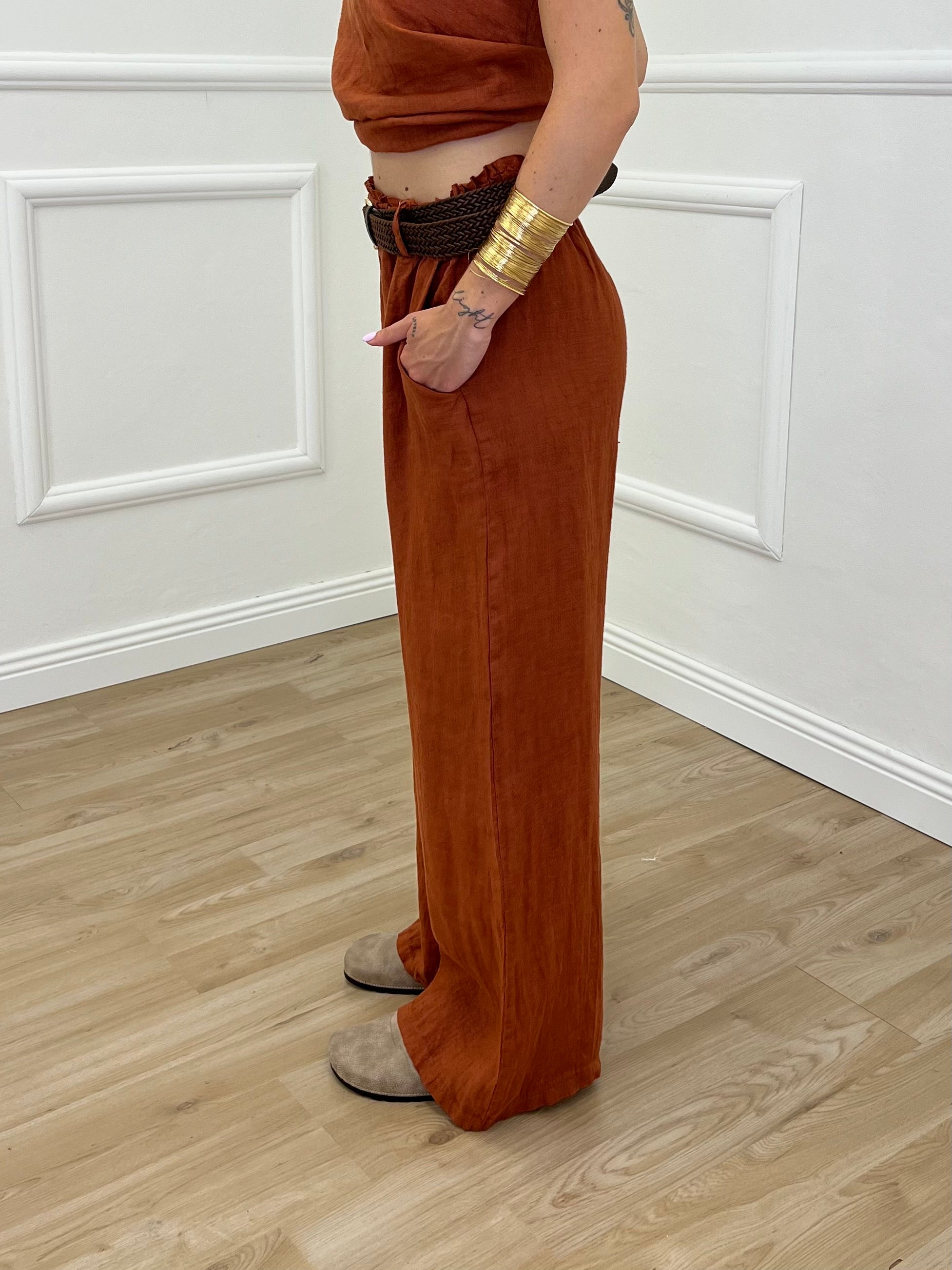Pantalone Lino Cintura 02630 Mattone