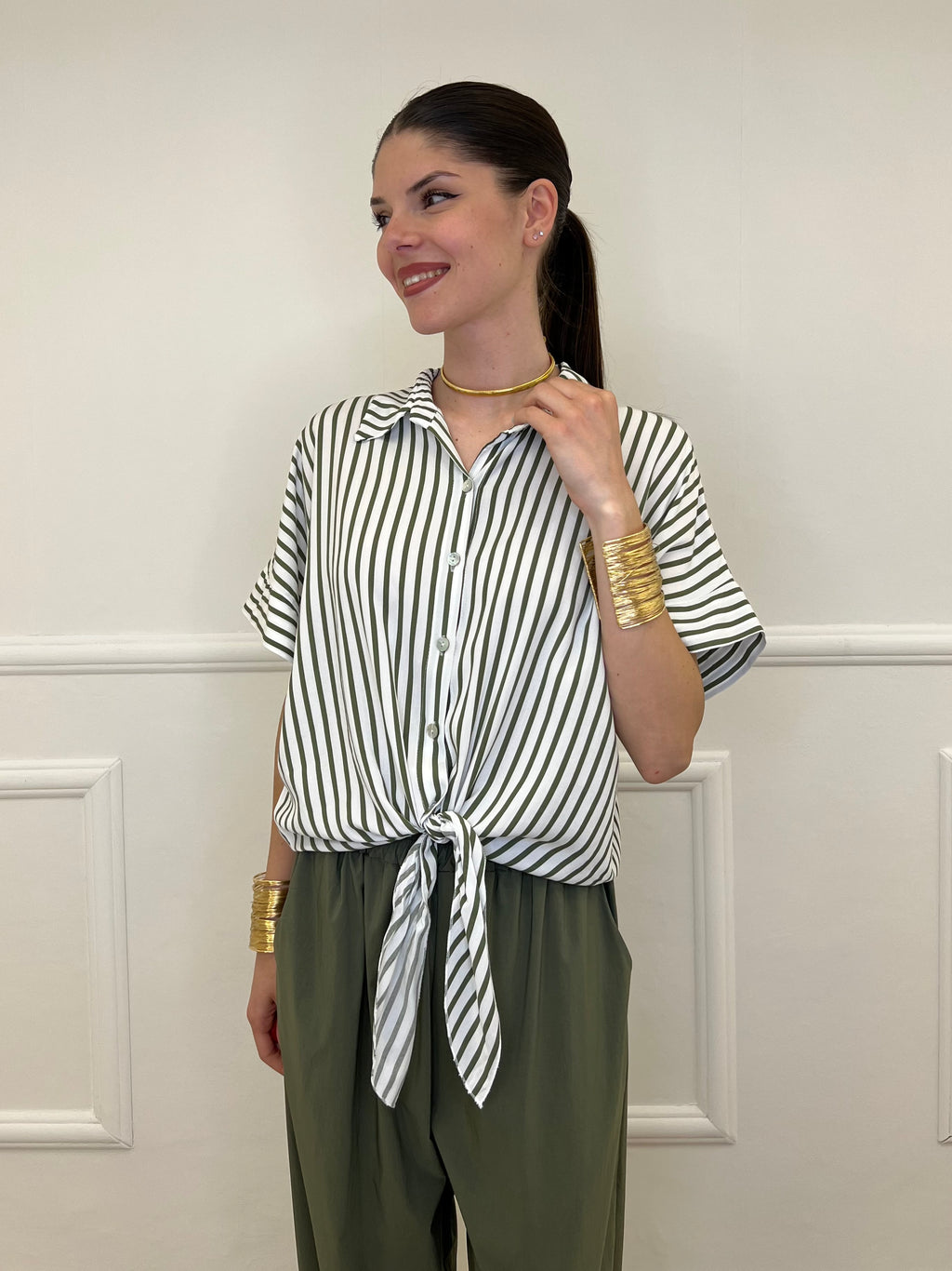 Camicia Righe Nodo Viscosa 2351 Verde