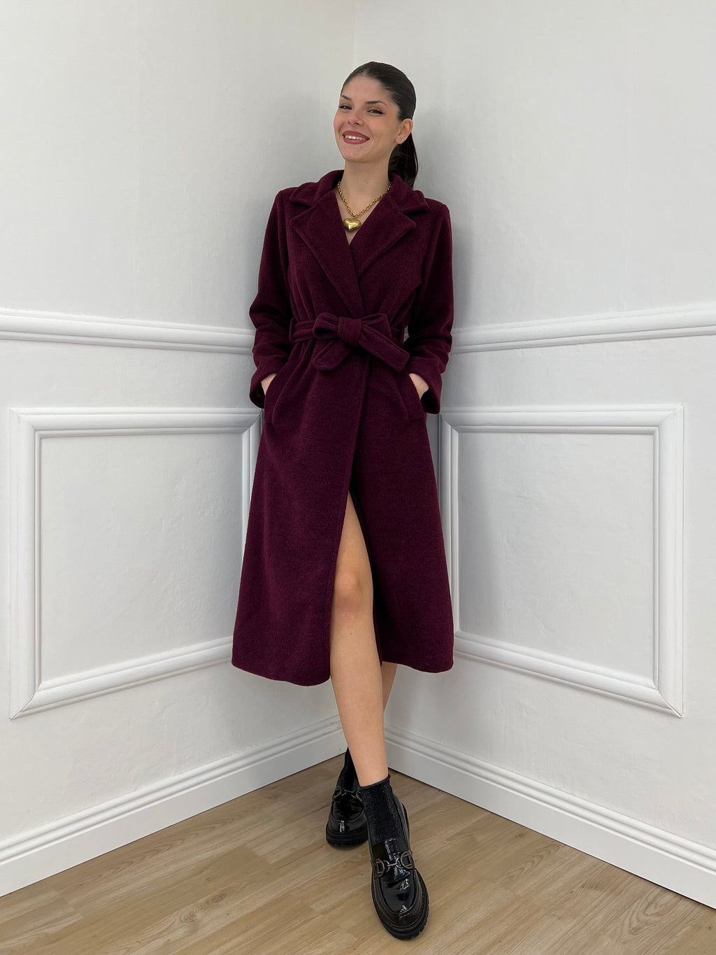 Cappotto Bouclé Cintura 91022 Burgundy