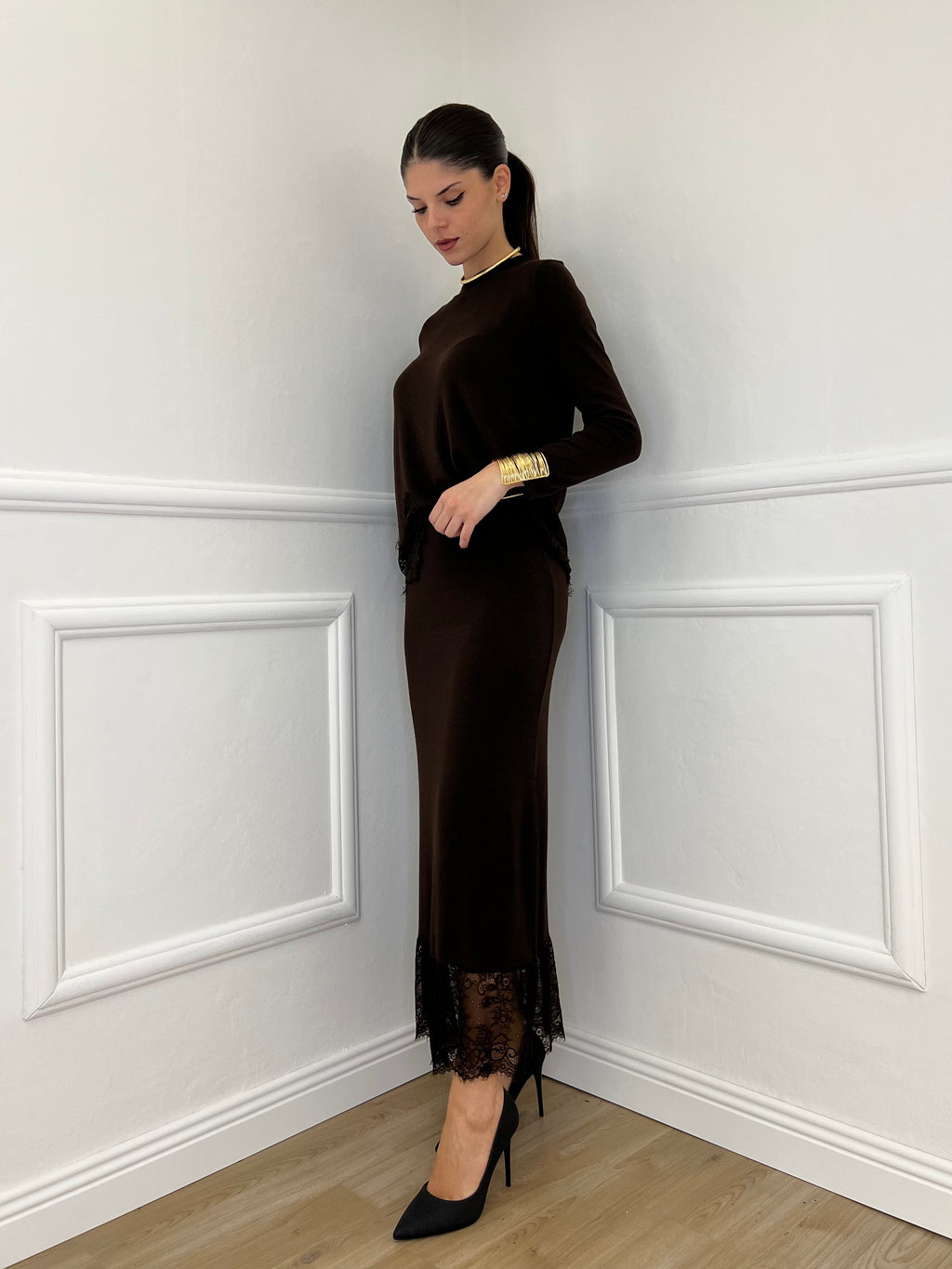 Gonna in Maglia Pizzo 2187 Moro