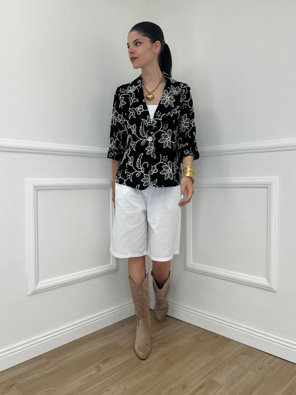 Blazer Ricamato in Lino e Viscosa 11353 Nero