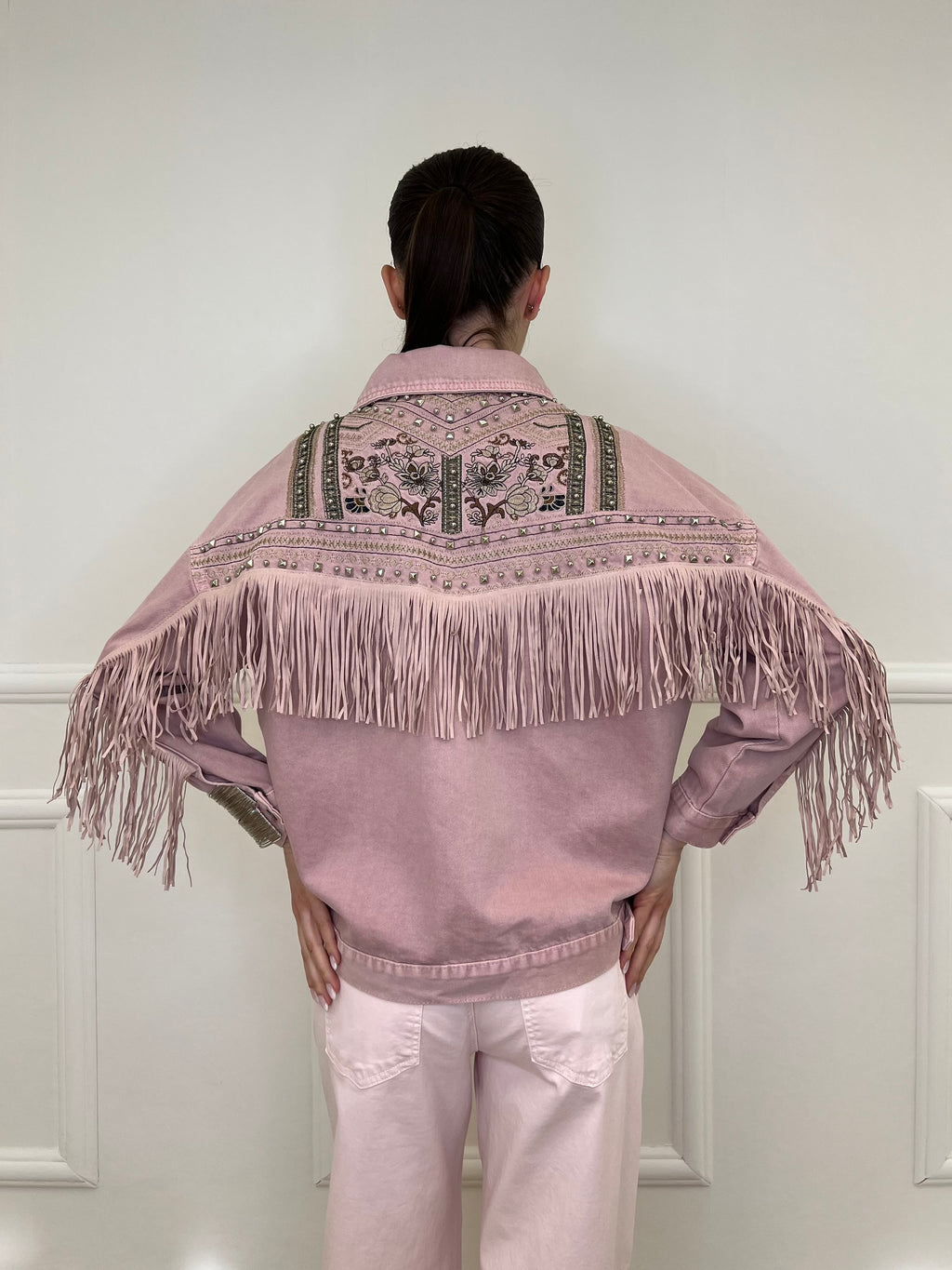Giacca Denim con Frange e Ricami 9597 Rosa