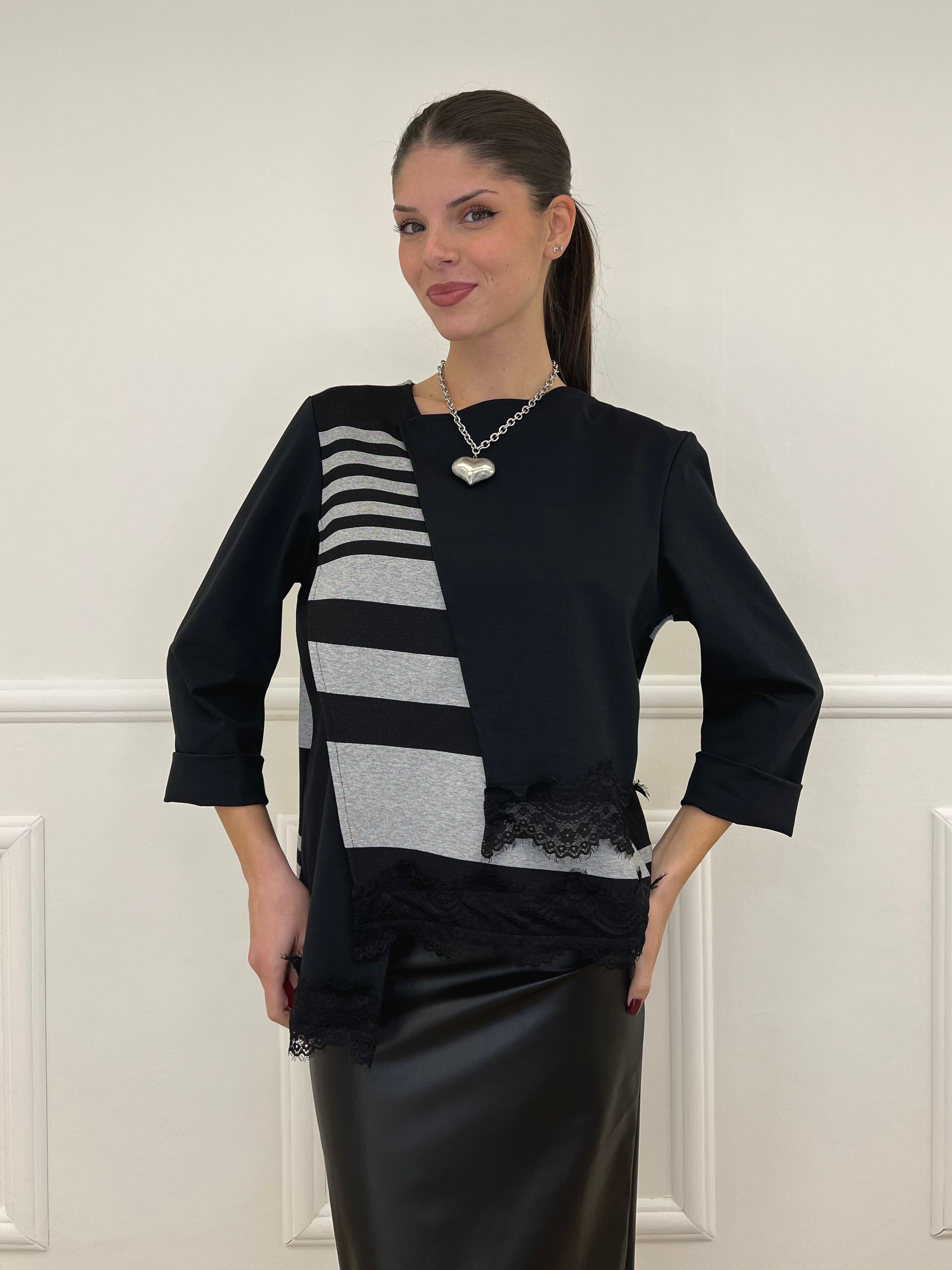 Maglia Asimmetrica Pizzo Bicolor 0225 Nero