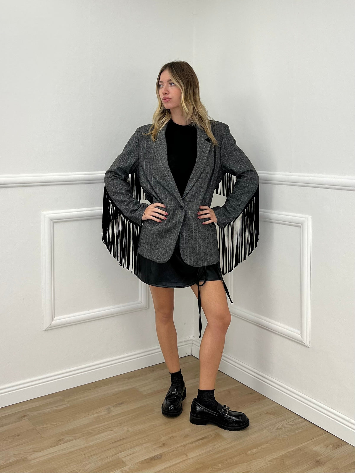 Blazer a Righe con Frange 4705 Grigio