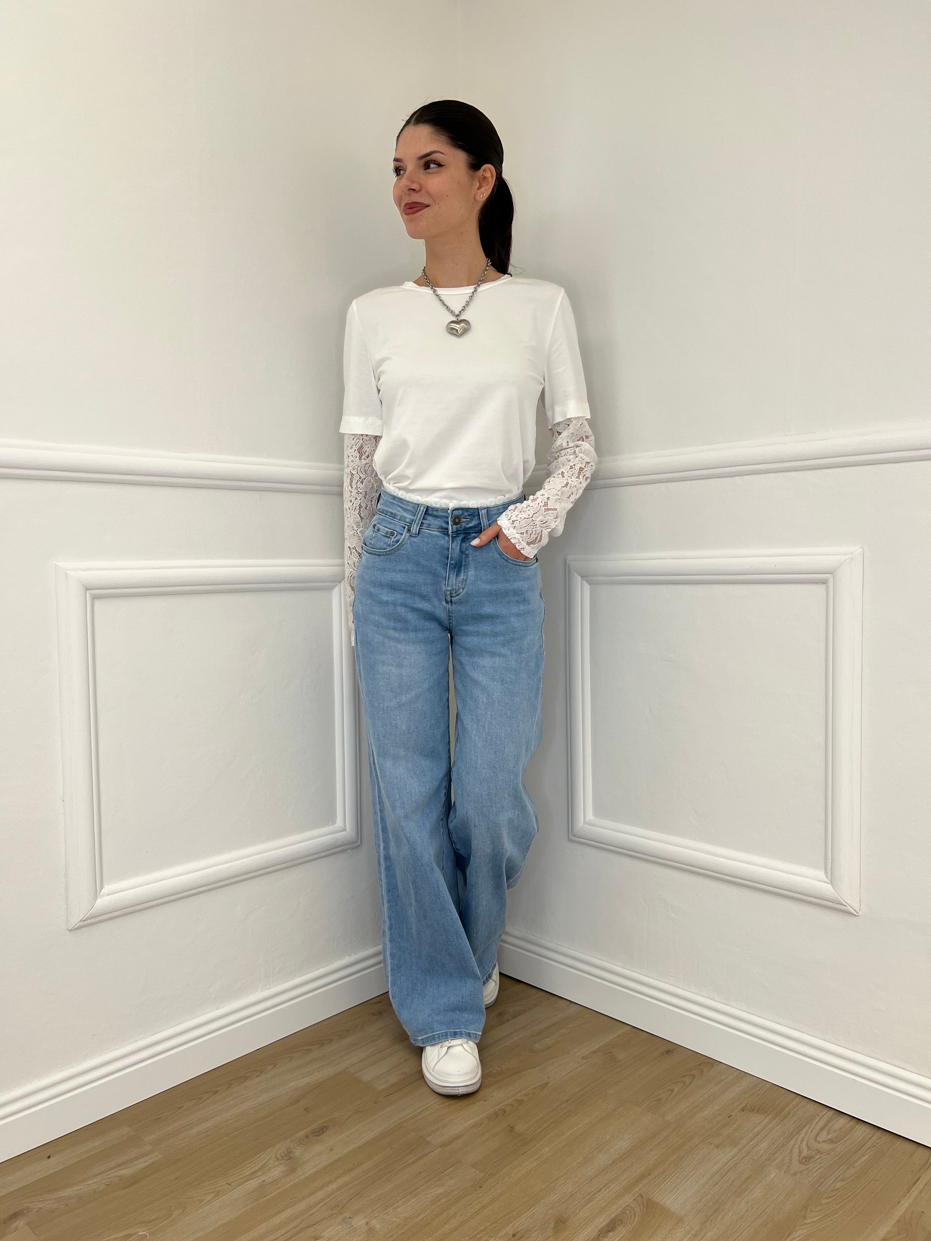 Jeans Vita Con Pizzo TK85 Azzurro