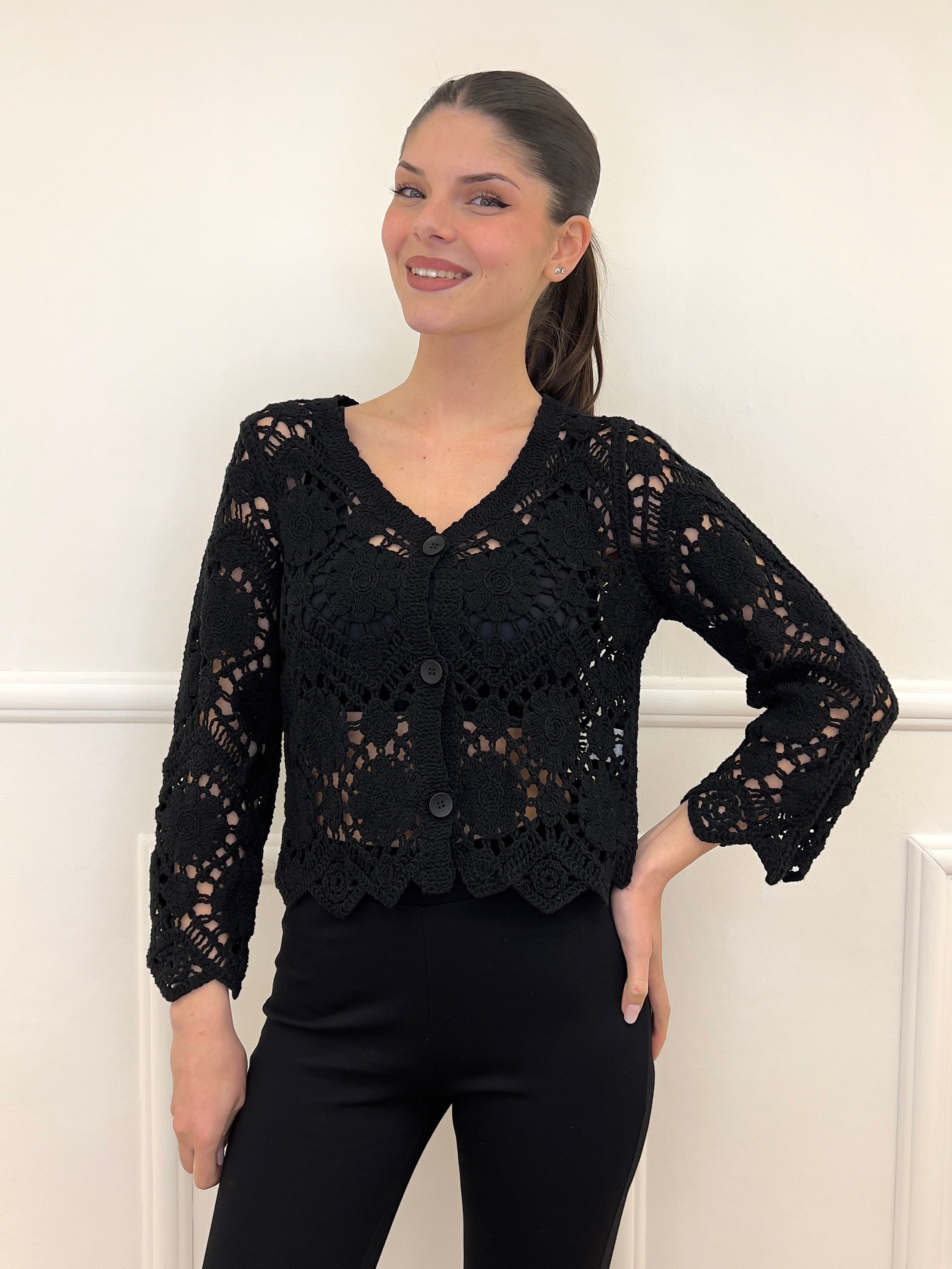 Cardigan Crop Crochet 38018 Nero - Bazar Abbigliamento