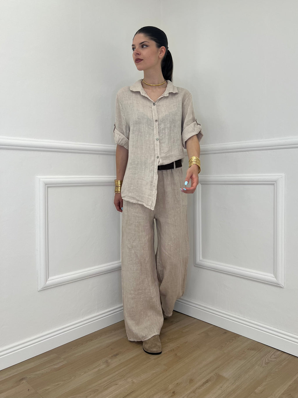 Pantalone Lino Cintura 22525 Beige
