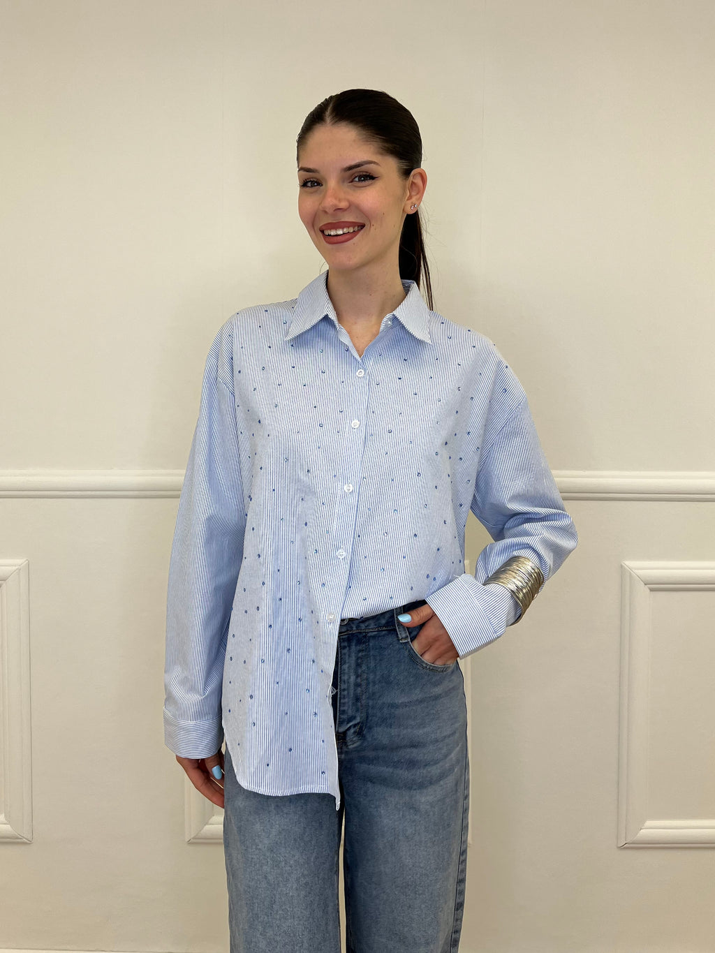 Camicia Righe Strass 2514 Azzurro