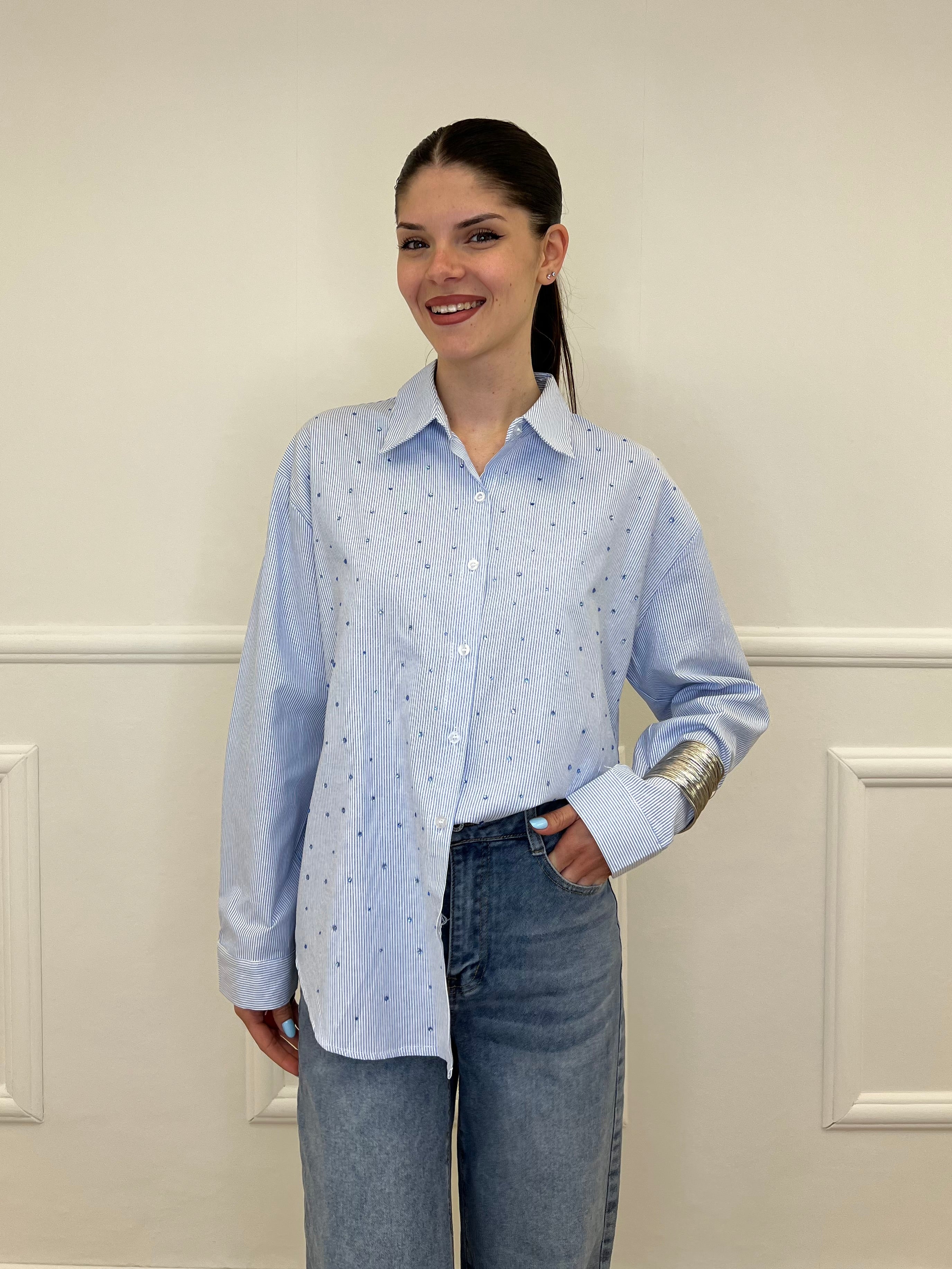Camicia Righe Strass 2514 Azzurro