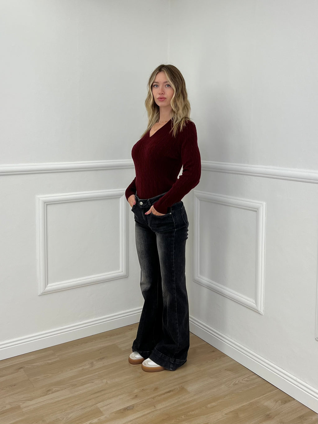 Maglia Trecce Scollo a V 1237 Bordeaux