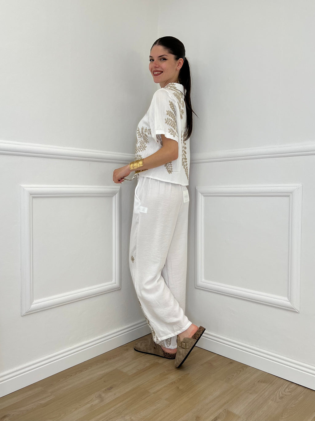 Pantalone Ricami Lurex Z18127 Bianco
