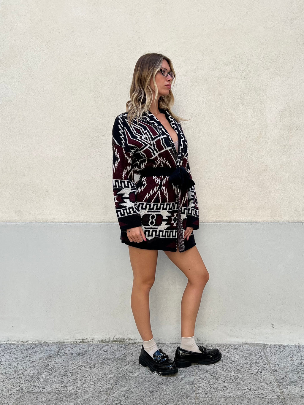 Cappotto Etnico In Lana e Alpaca 10391 Blu e Burgundy
