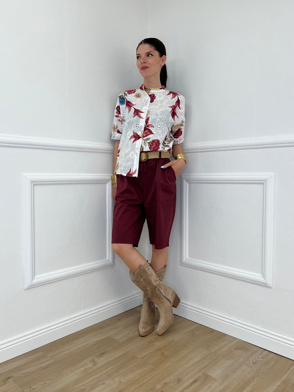 Camicia Fiori Inserti Sangallo 2340 Burgundy