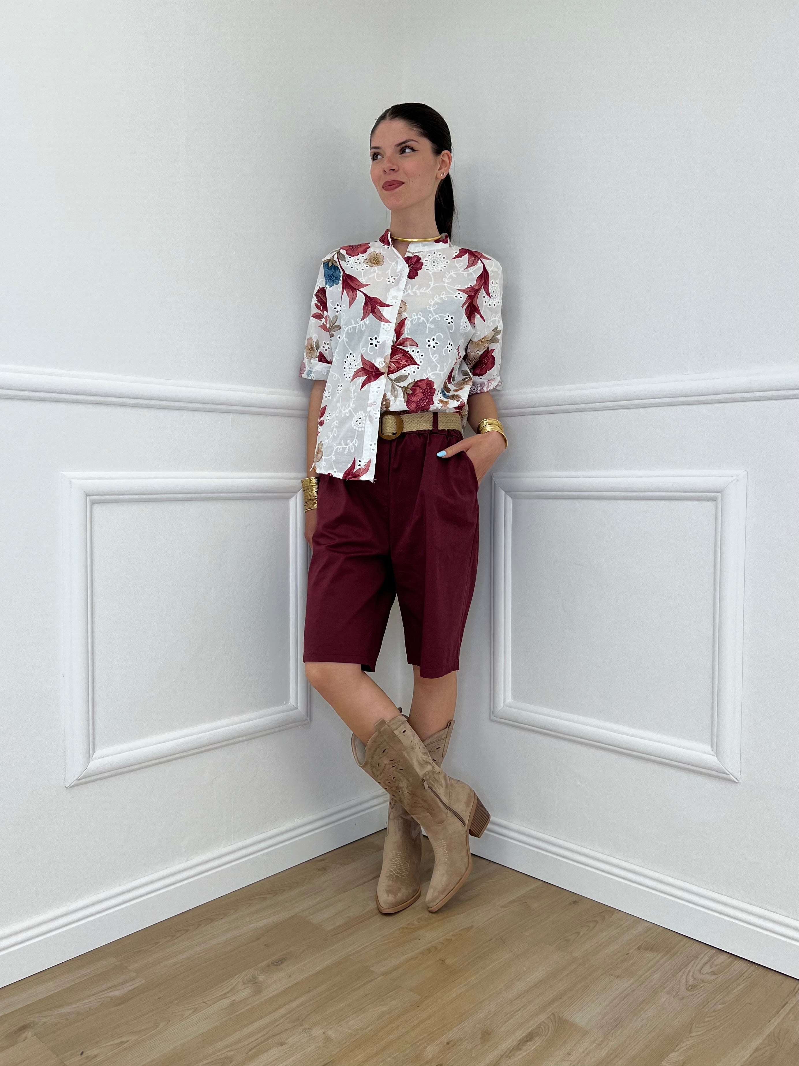 Camicia Fiori Inserti Sangallo 2340 Burgundy