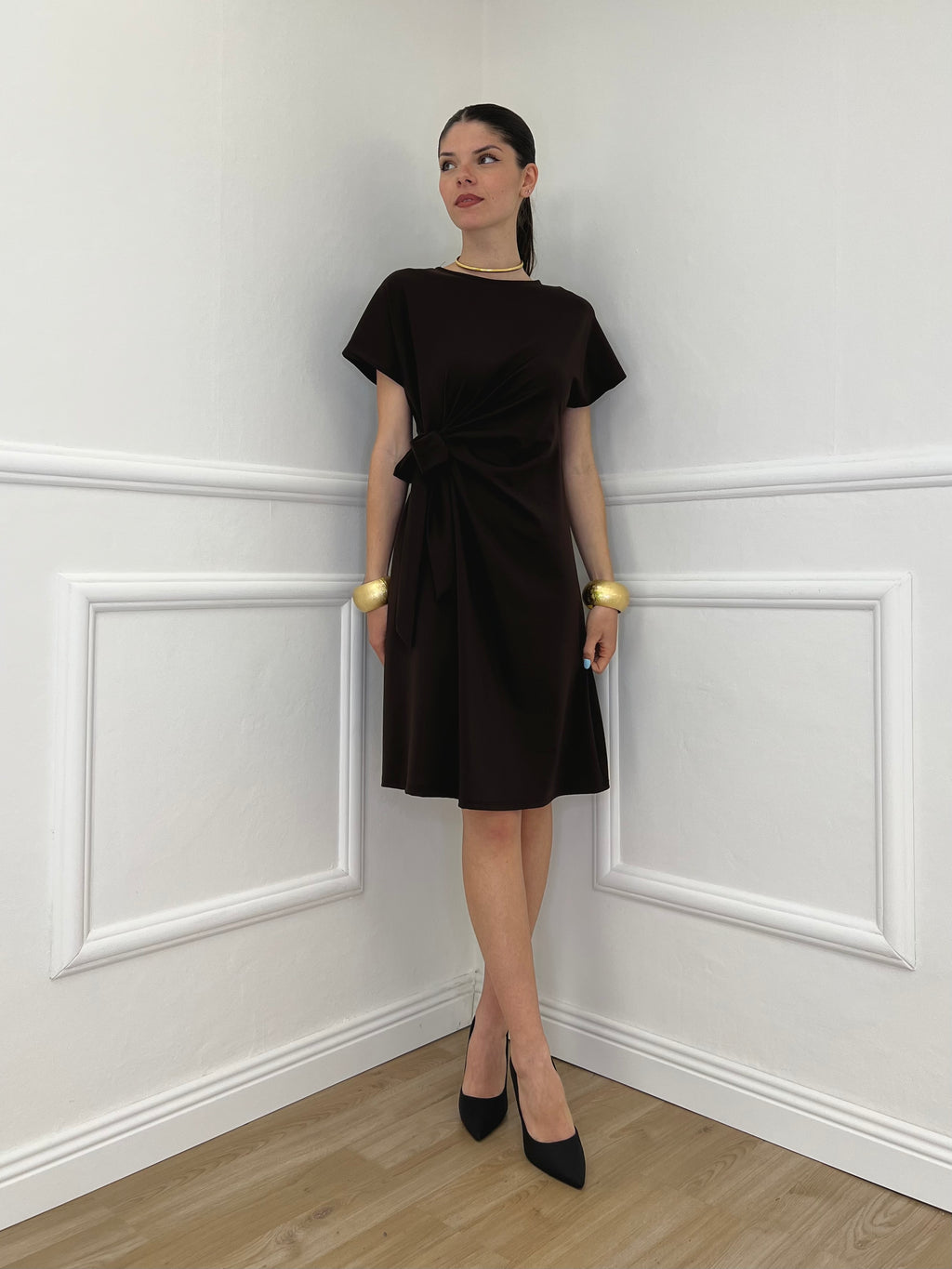 Vestito Con Drappeggio e Fiocco 4782 Marrone
