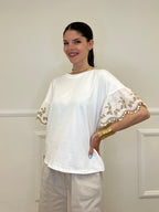 T-shirt Maniche Ricamate Farfalle 8229 Bianco