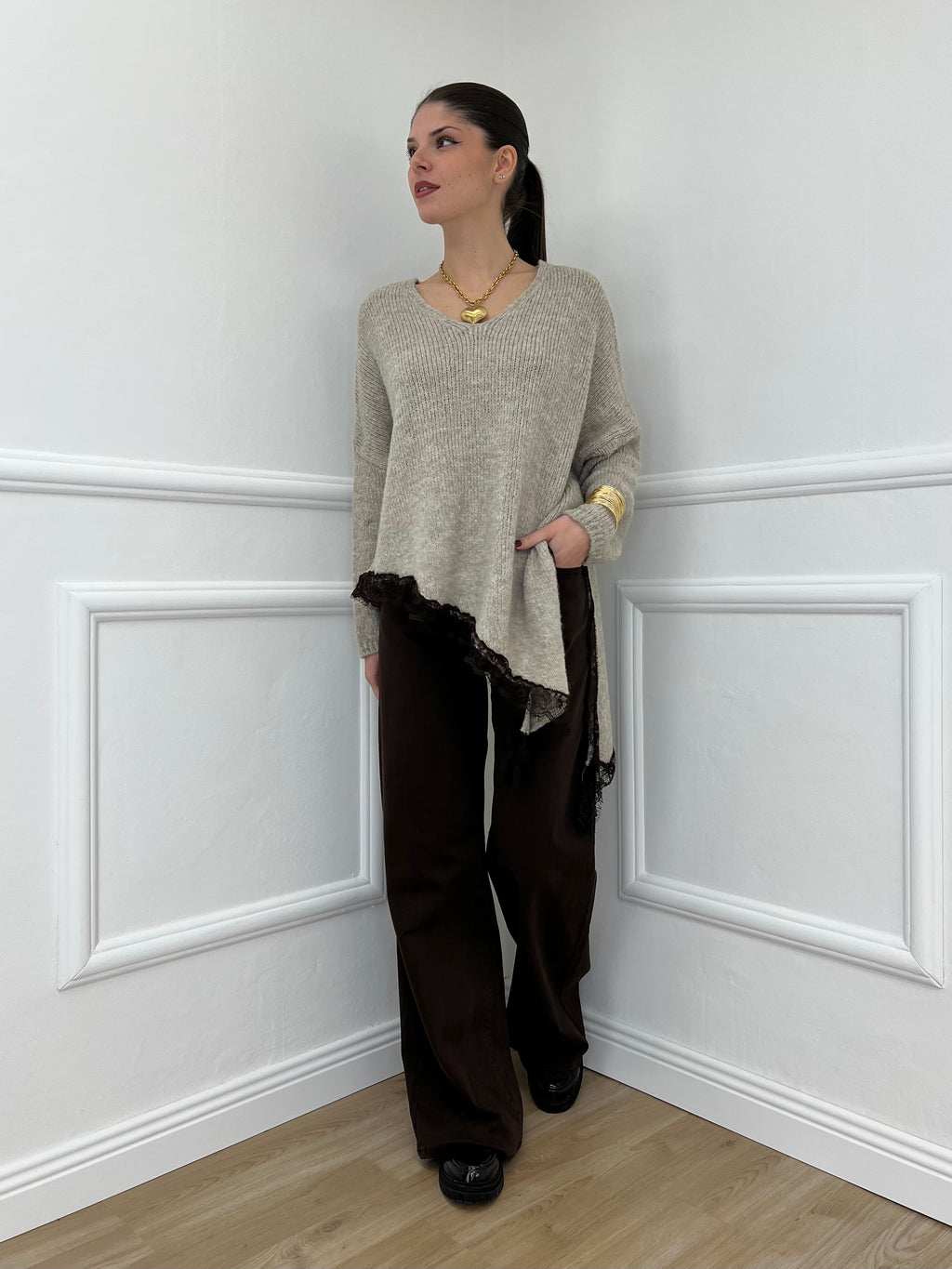 Maglia Asimmetrica Pizzo 25743 Ecru