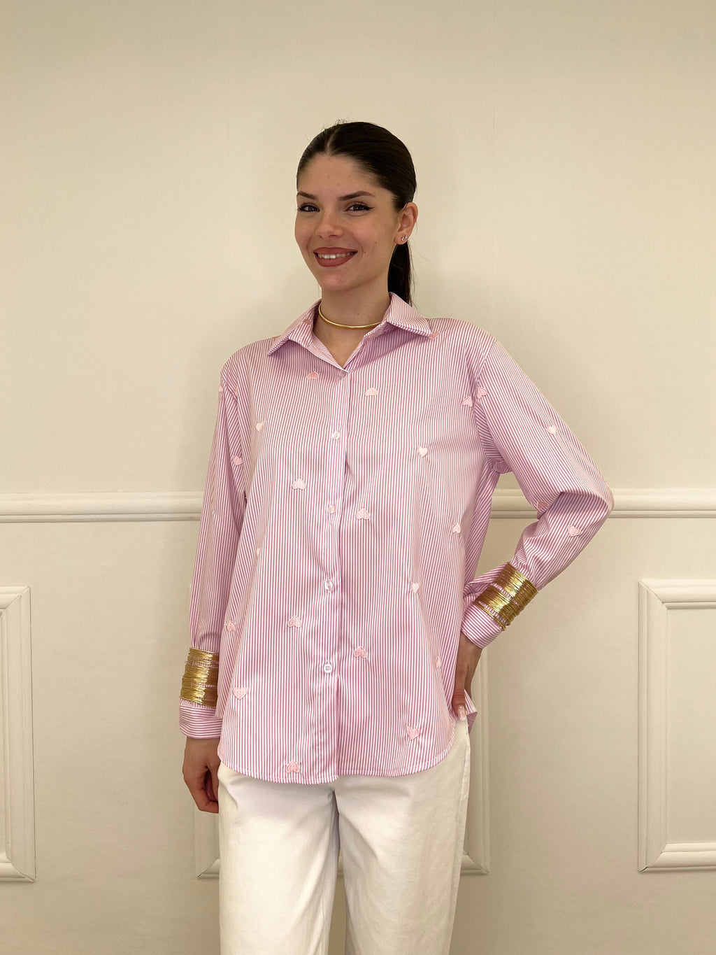Camicia a Righe Cuori Ricamati 121255 Rosa