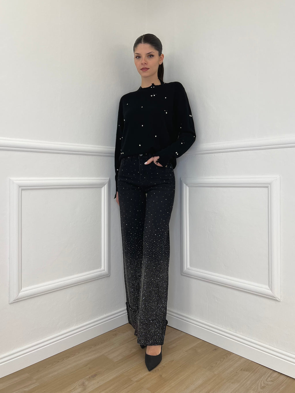 Jeans Strass con Risvolto 2382 Nero