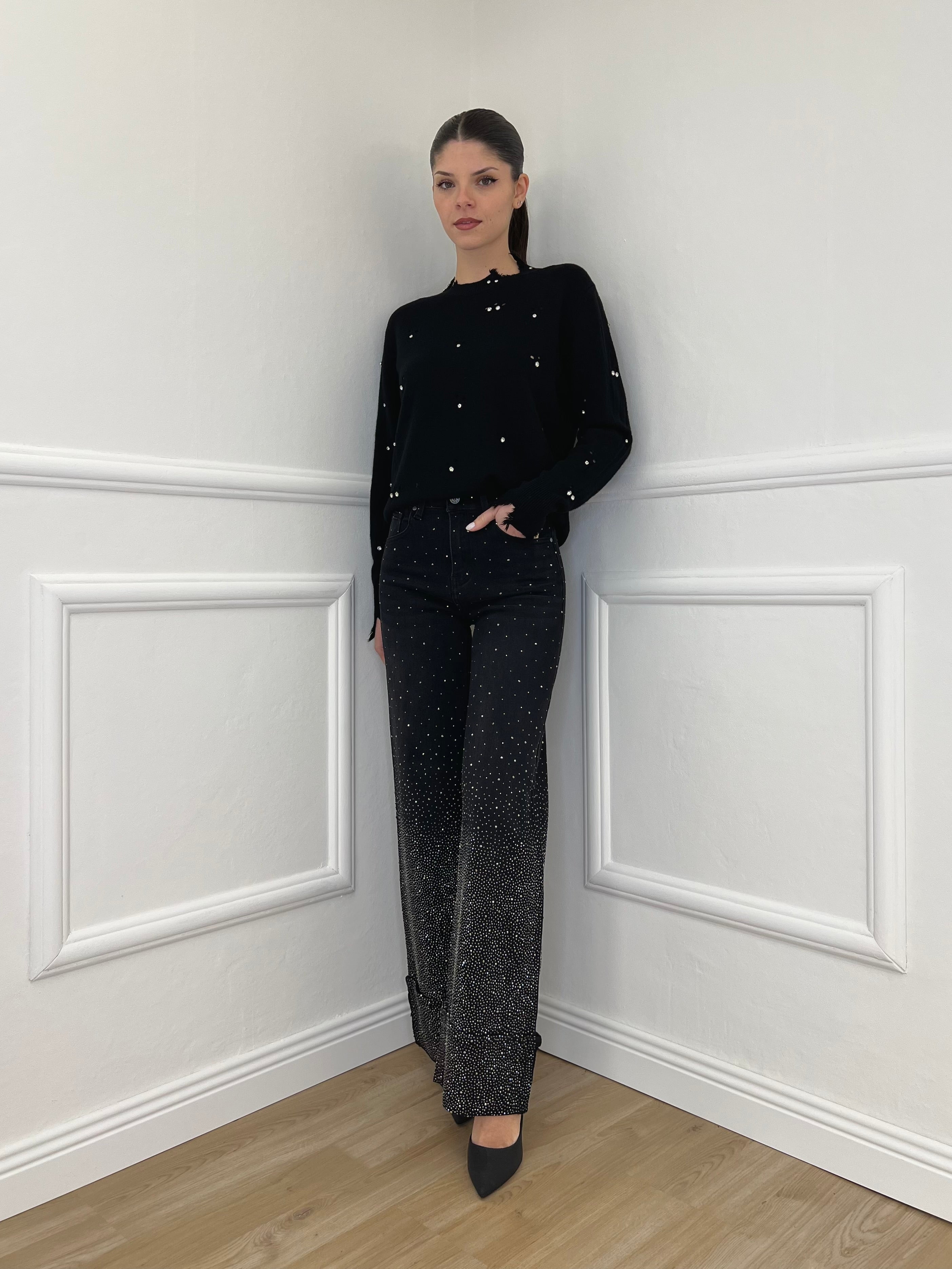 Jeans Strass con Risvolto 2382 Nero