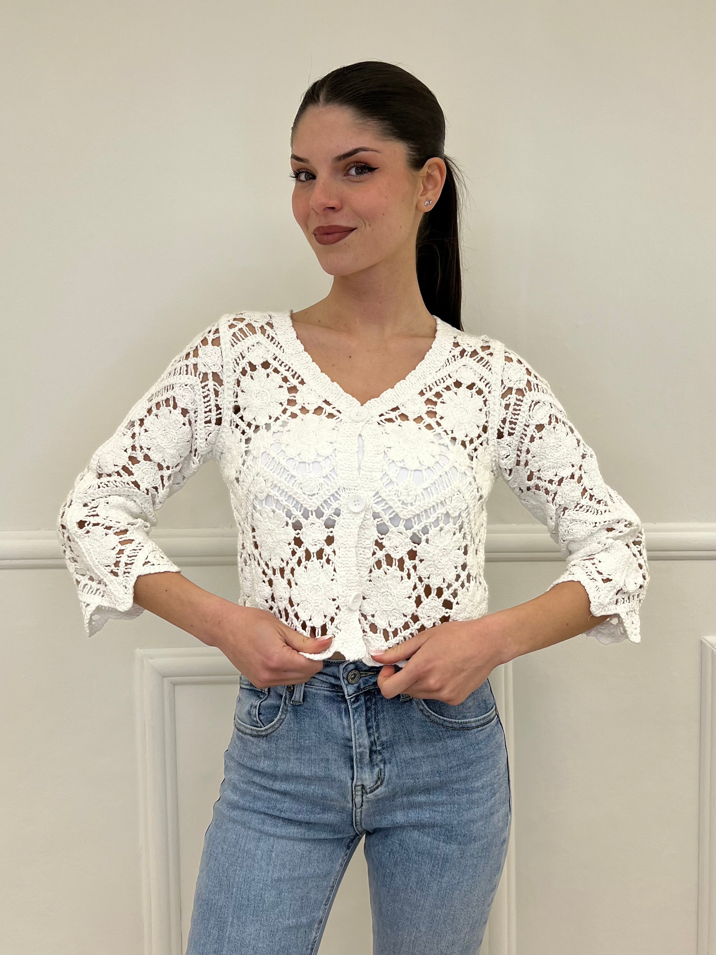 Cardigan Crop Crochet 38018 Bianco - Bazar Abbigliamento
