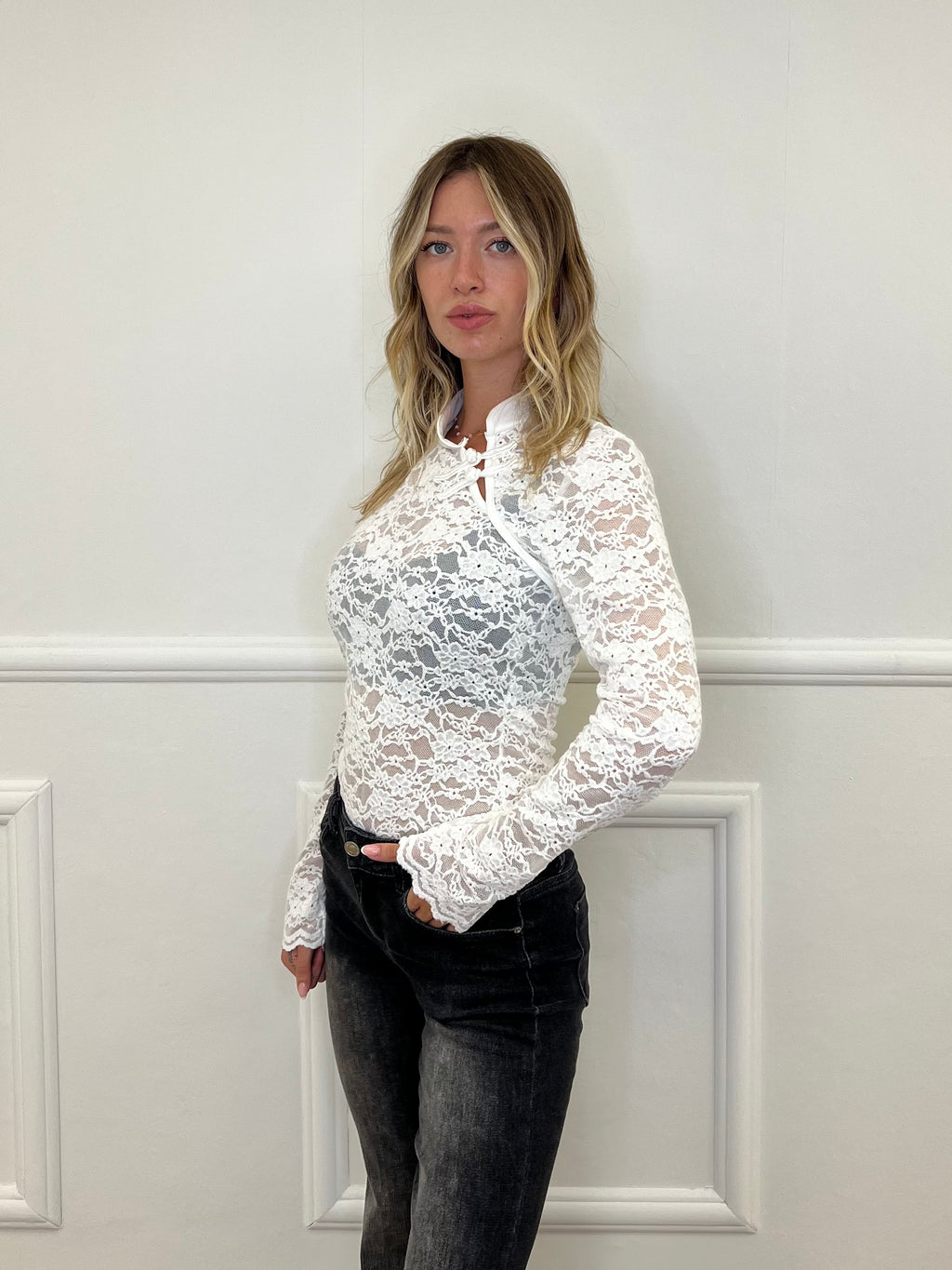 Camicia Pizzo Alamari 12314 Bianco