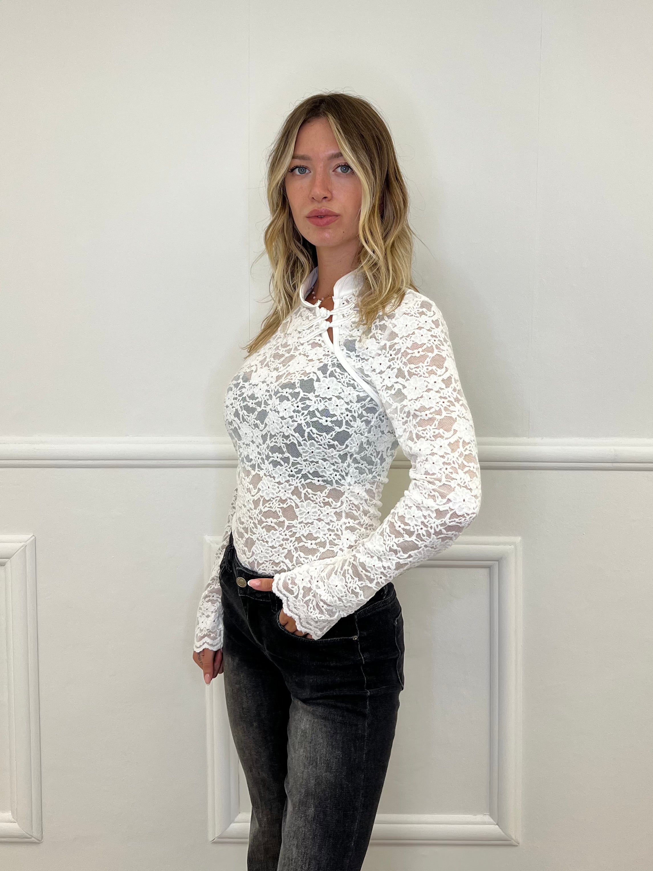 Camicia Pizzo Alamari 12314 Bianco