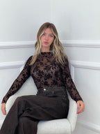 Top in Tulle con Ricamo Floreale 25855 Marrone