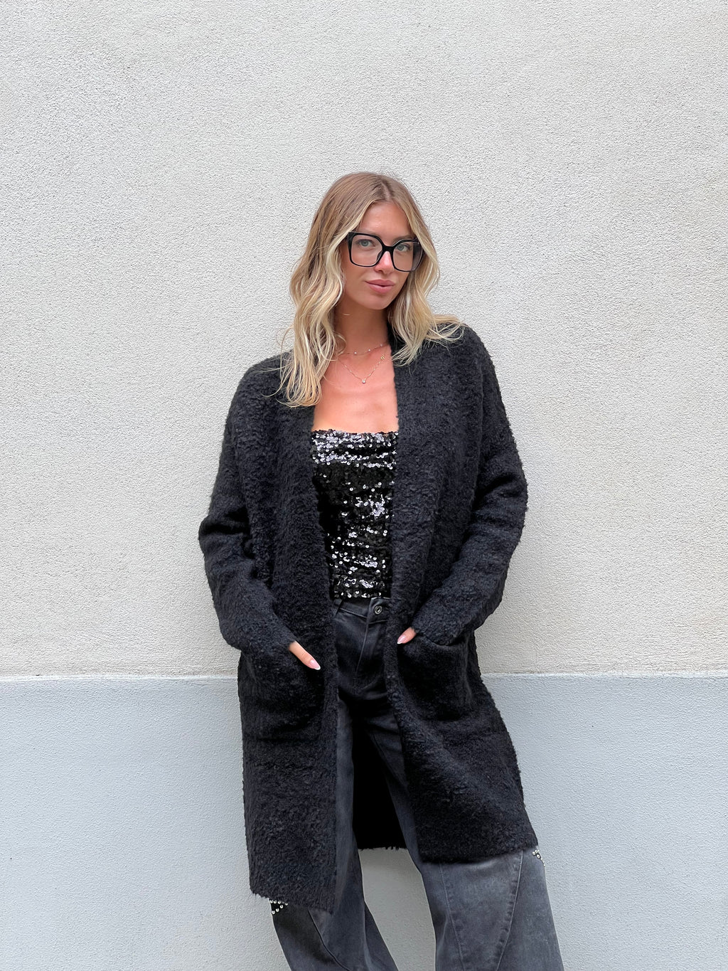 Cardigan Lana e Viscosa Bouclé 125 Nero