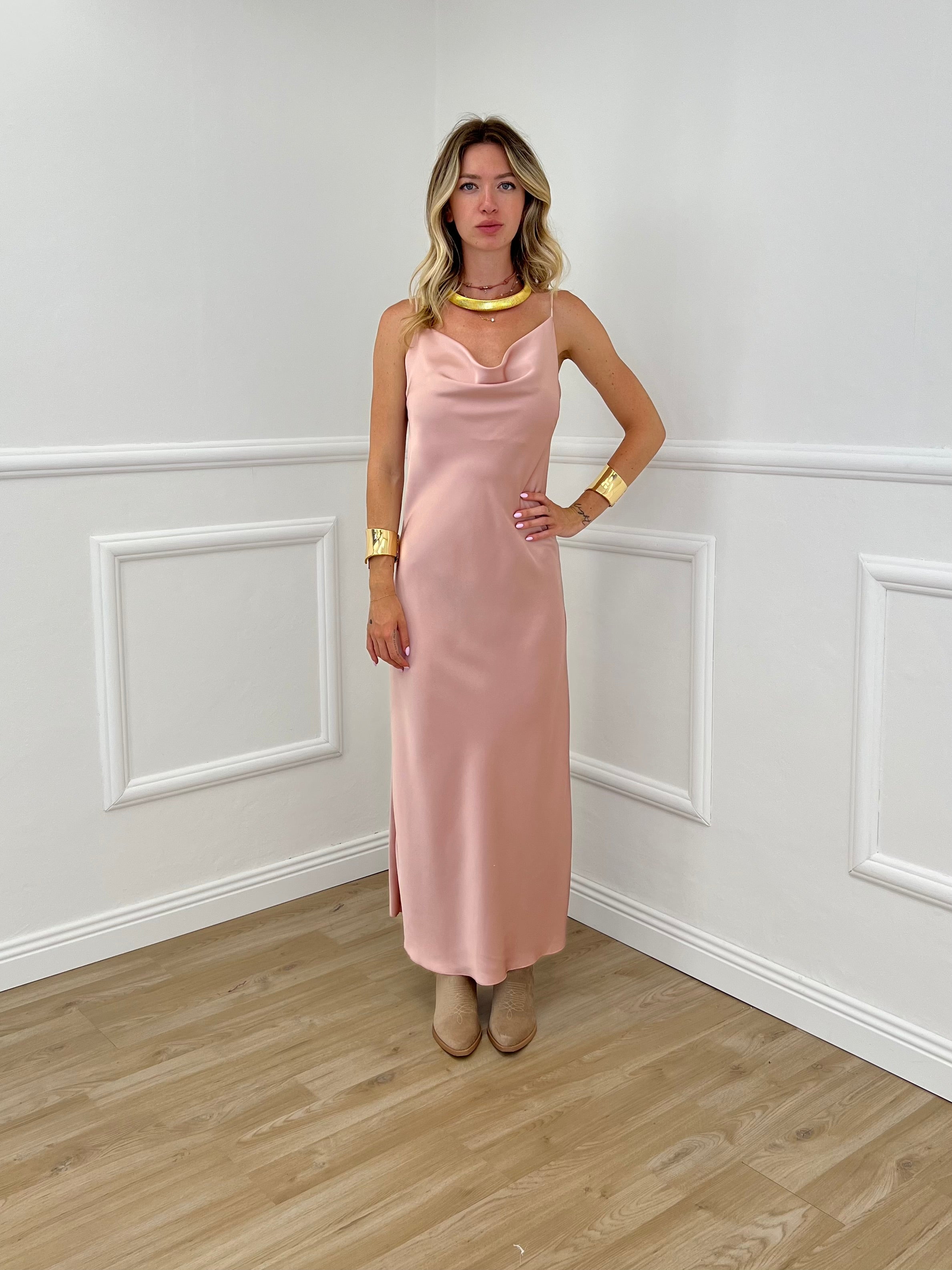 Vestito Satinato Con Scollo Morbido 1502 Rosa