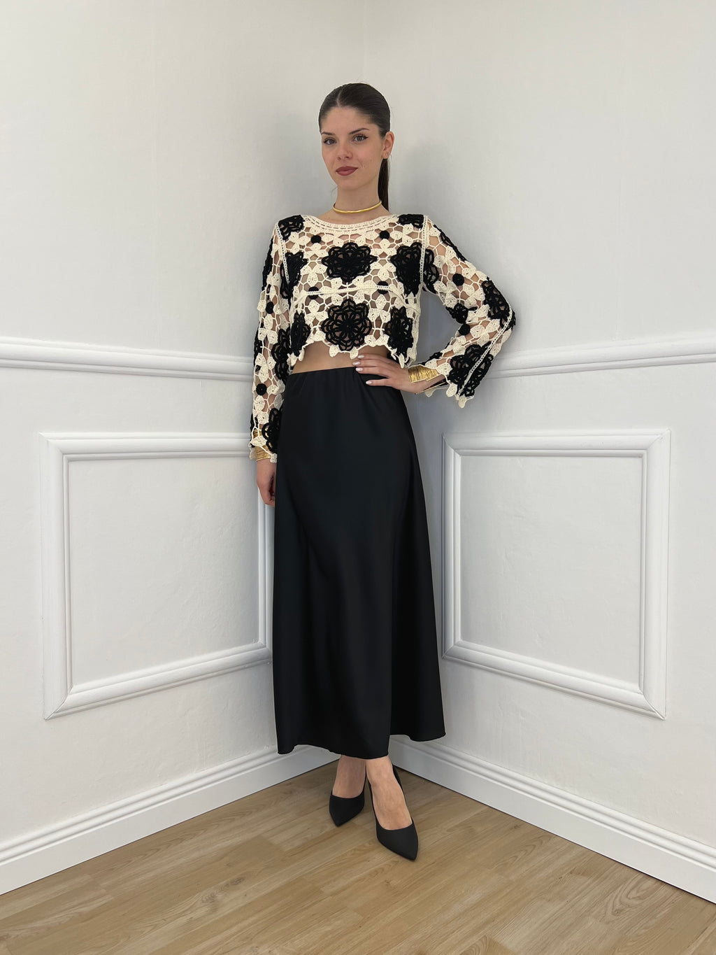 Maglia Macramè Crop Bicolor 48015 Nero