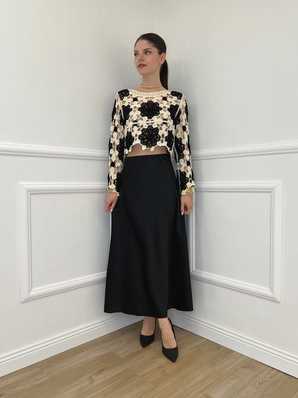 Maglia Macramè Crop Bicolor 48015 Nero