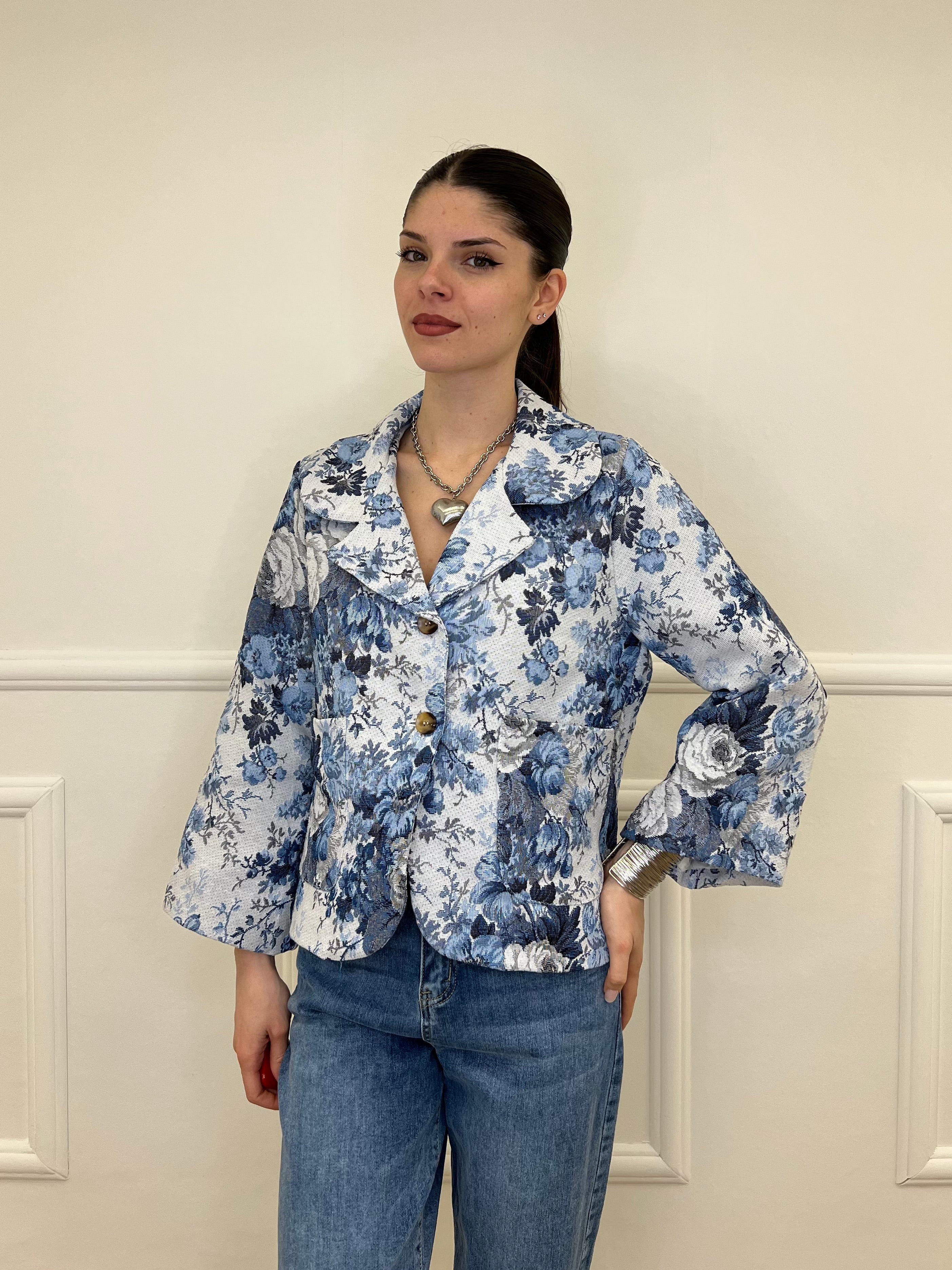 Giacca Jacquard Fiori 943-999 Azzurro