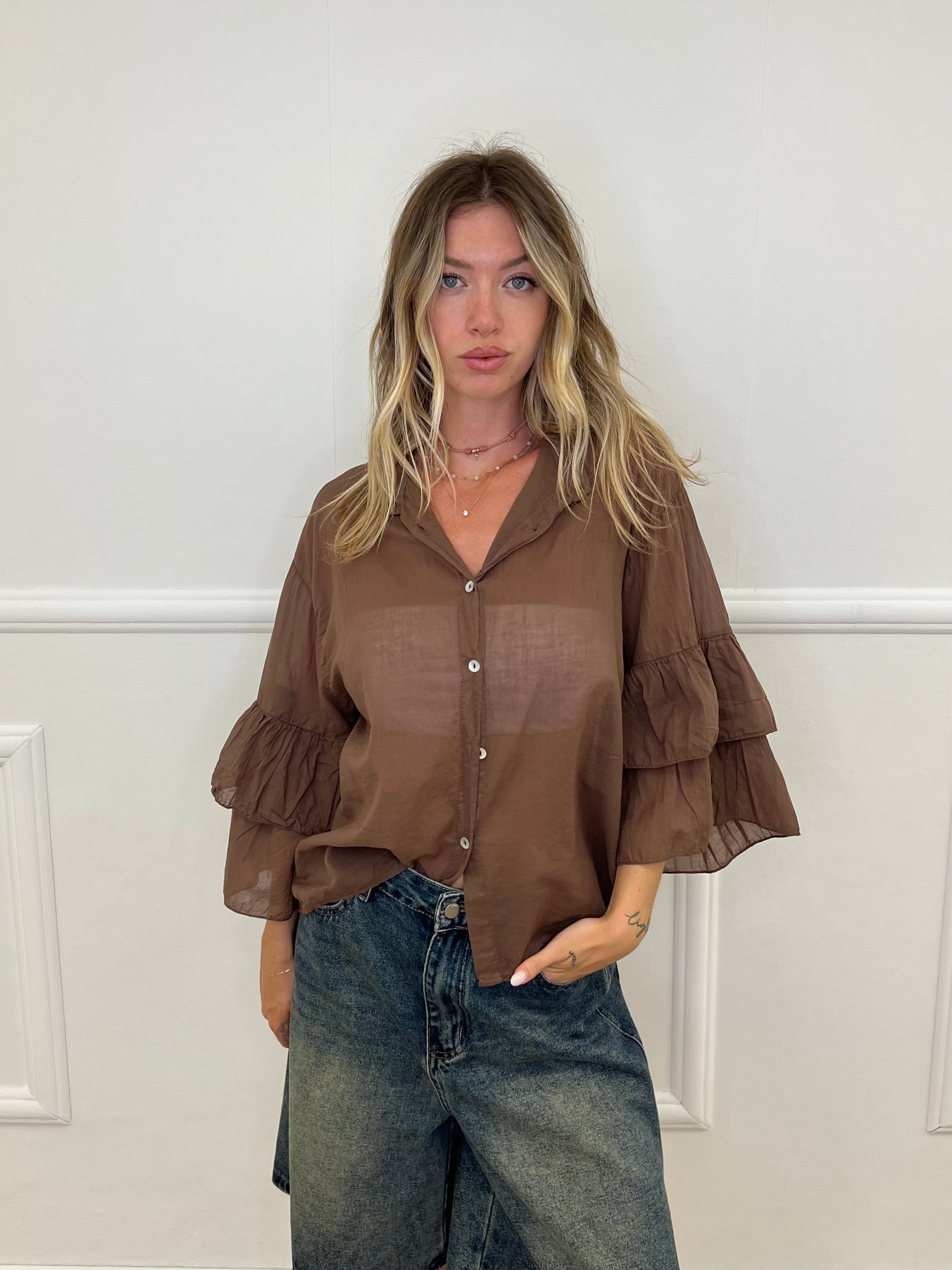 Camicia Strop Maniche Con Balze 5304 Marrone