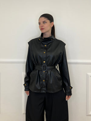 Giacca Over Eco Pelle Cintura 30197 Nero