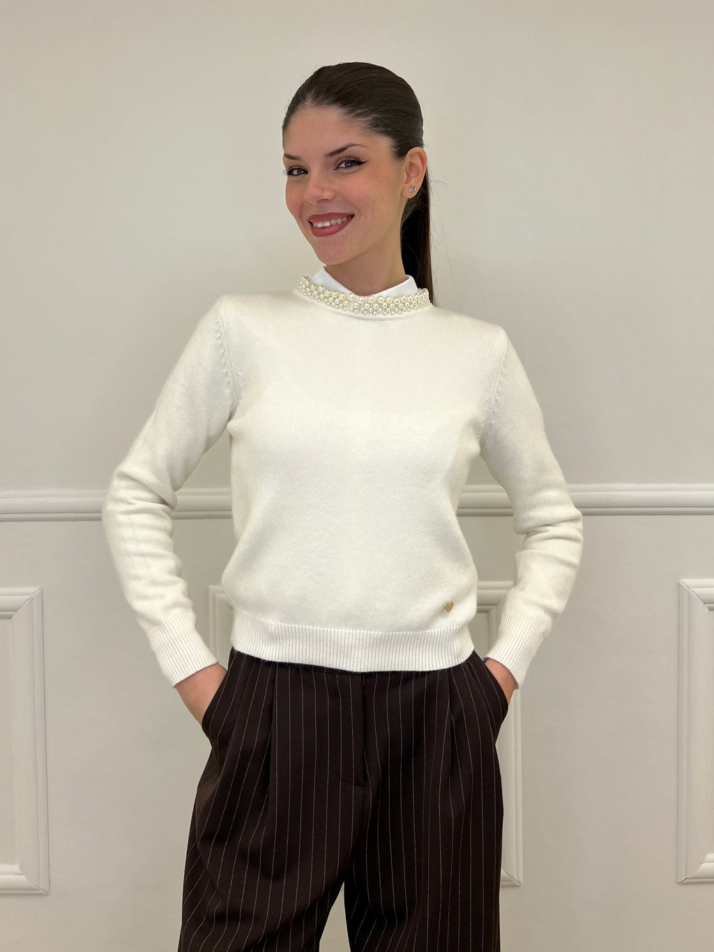 Maglia Collo Perle 25224 Panna