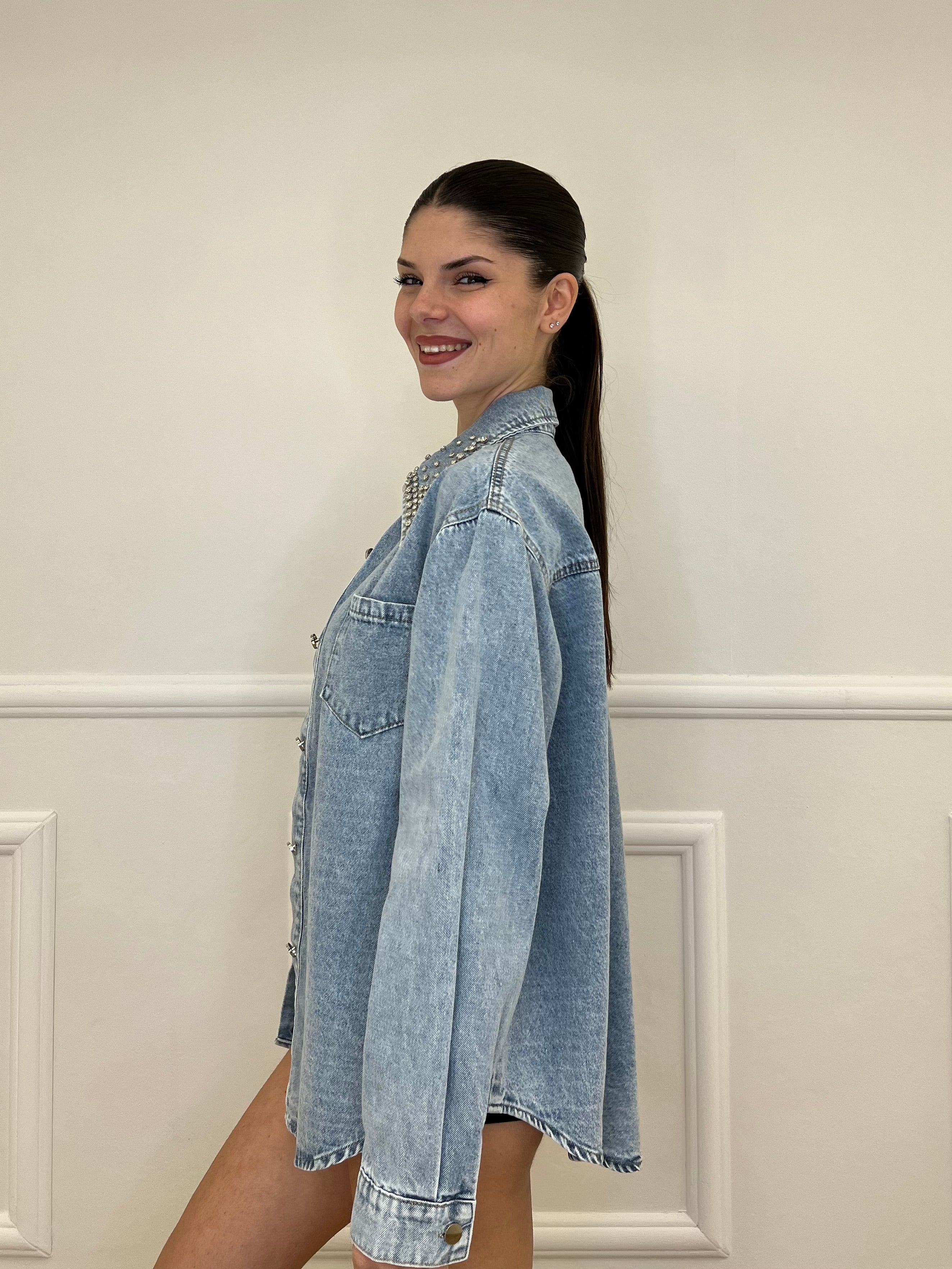 Giacca Camicia Denim Colletto Strass 3025 Azzurro
