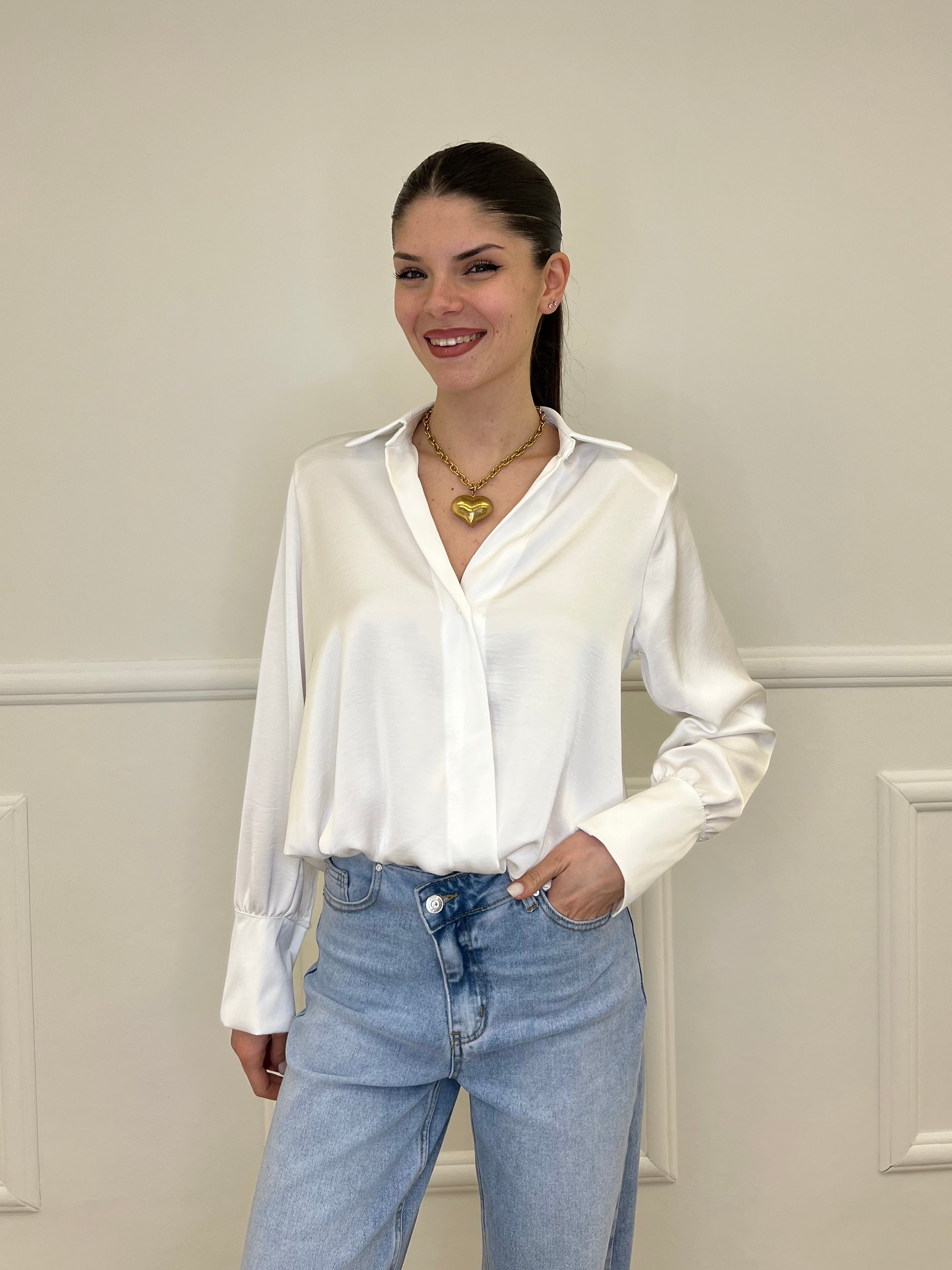 Blusa In Satin Con Spalline 10277 Bianco