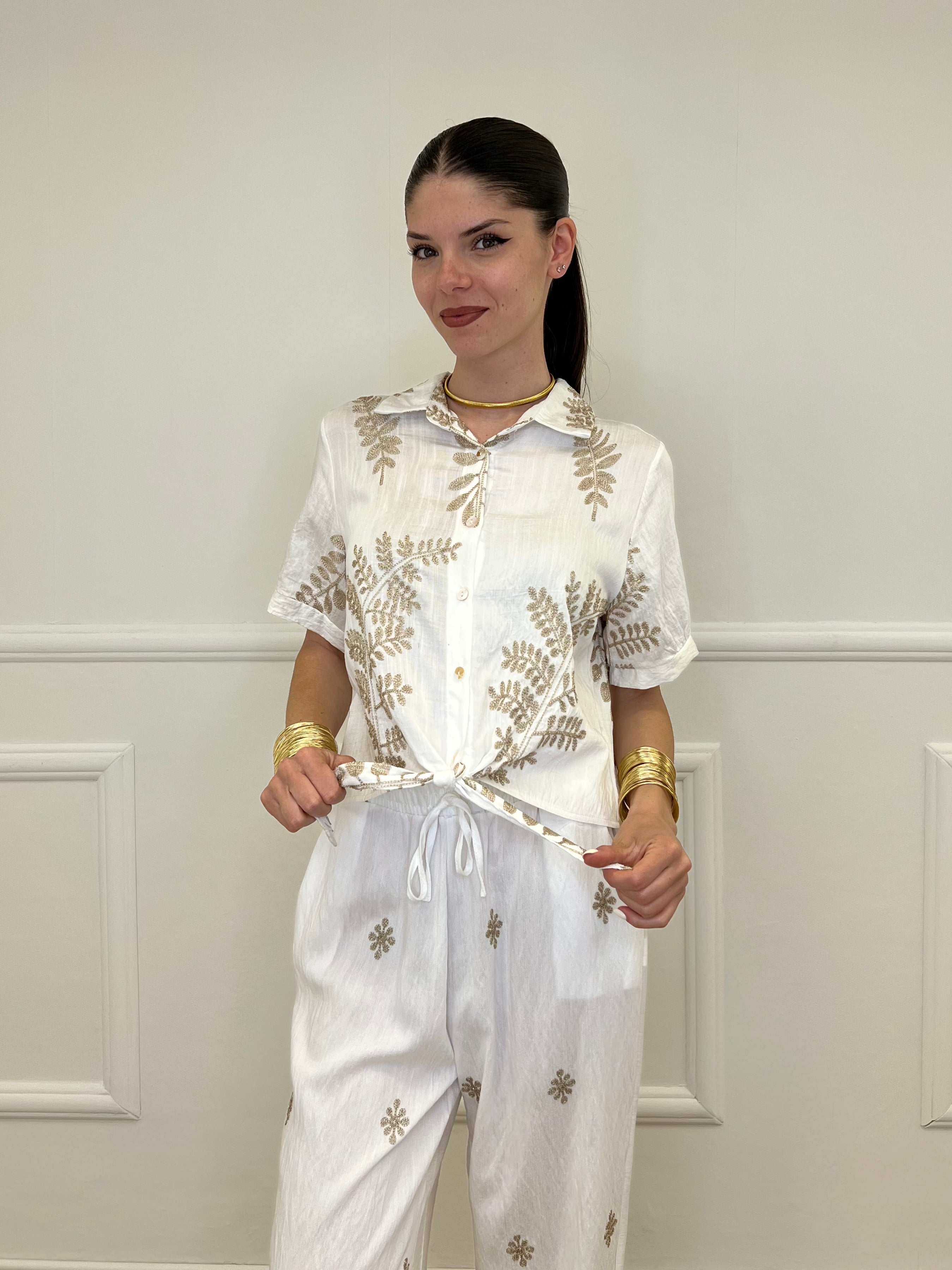 Camicia Nodo Ricami Lurex 18107 Bianco