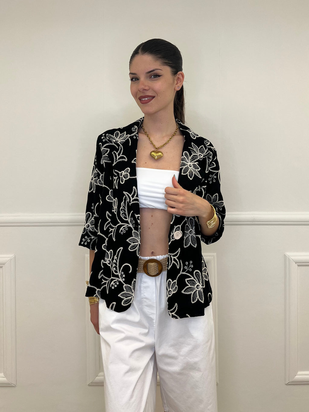 Blazer Ricamato in Lino e Viscosa 11353 Nero