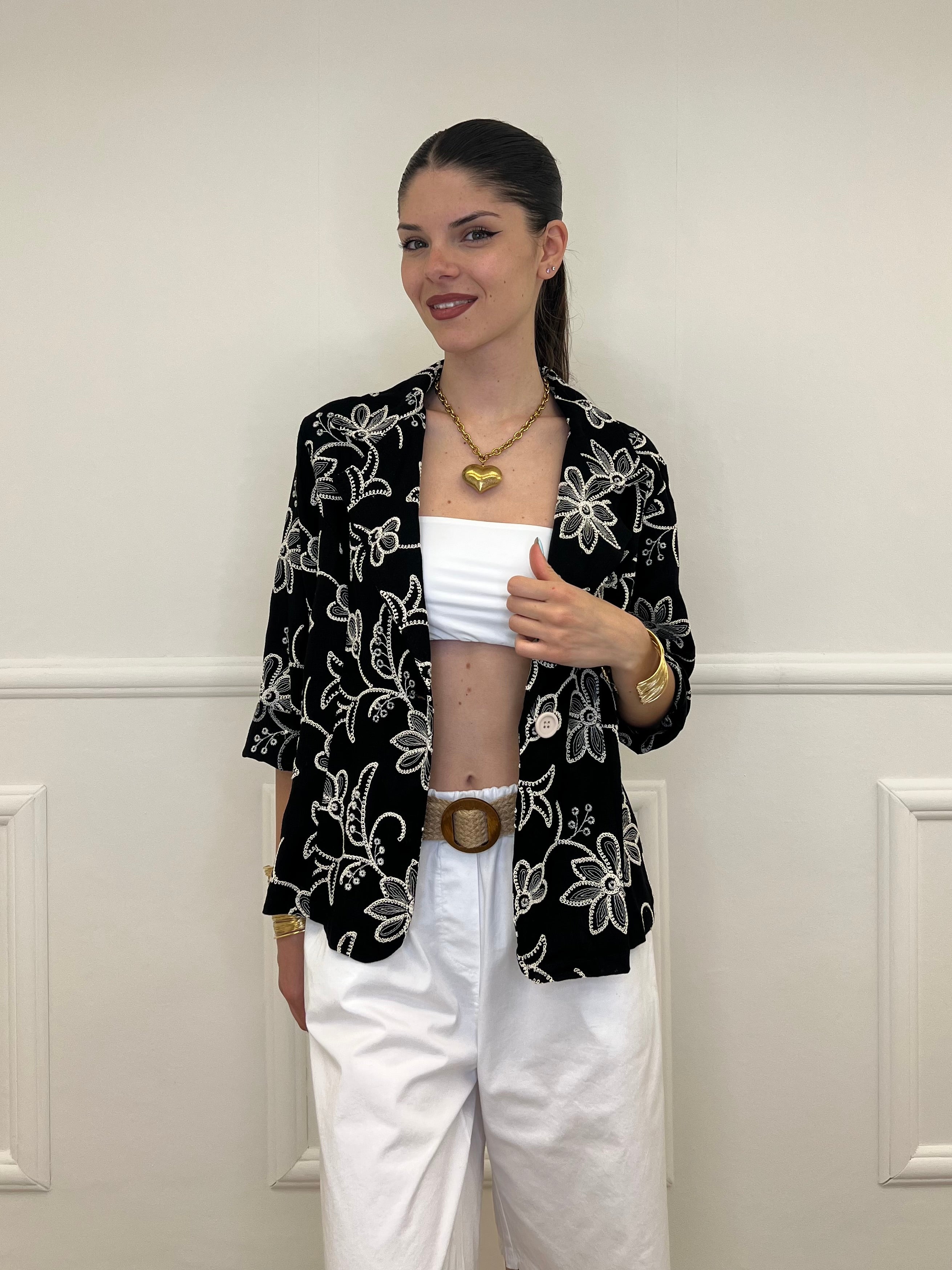 Blazer Ricamato in Lino e Viscosa 11353 Nero